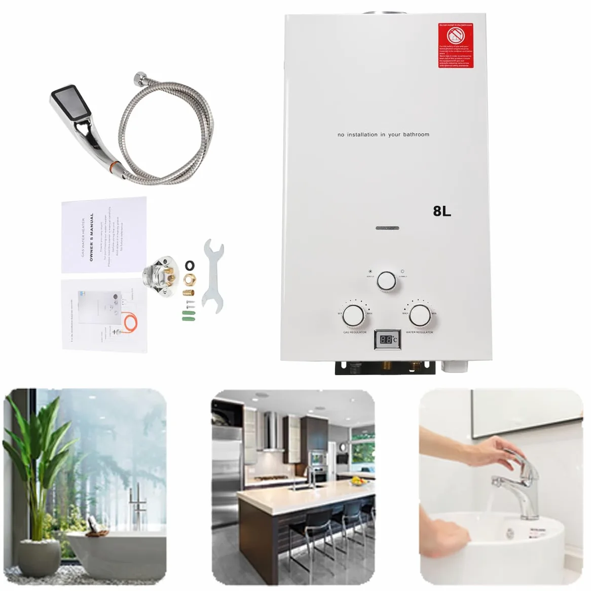 8L 16KW GPL Scaldabagno a Gas, Gas a Parete senza serbatoio Scaldabagno istantaneo,con kit doccia e Display a LED,con Modalità Inverno ed Estate,Per Casa, Camper ed Esterni,bianco