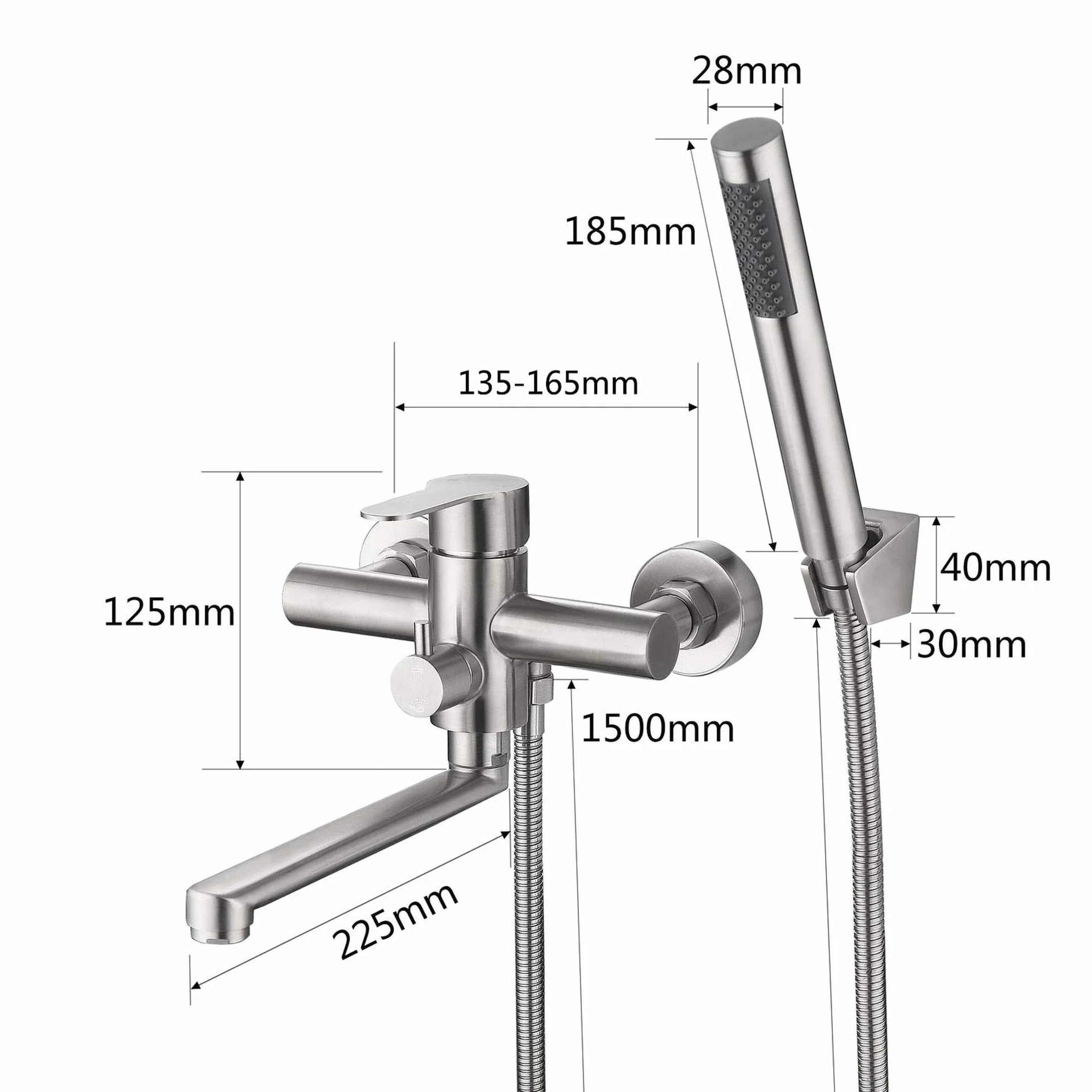 HomeLava Rubinetto per Vasca da Bagno con Doccetta Miscelatore Monocomando da Parete in Acciaio Inox Spazzolato con Deviatore Miscelatore Monocomando con Tubo Doccia da 1,5 m.