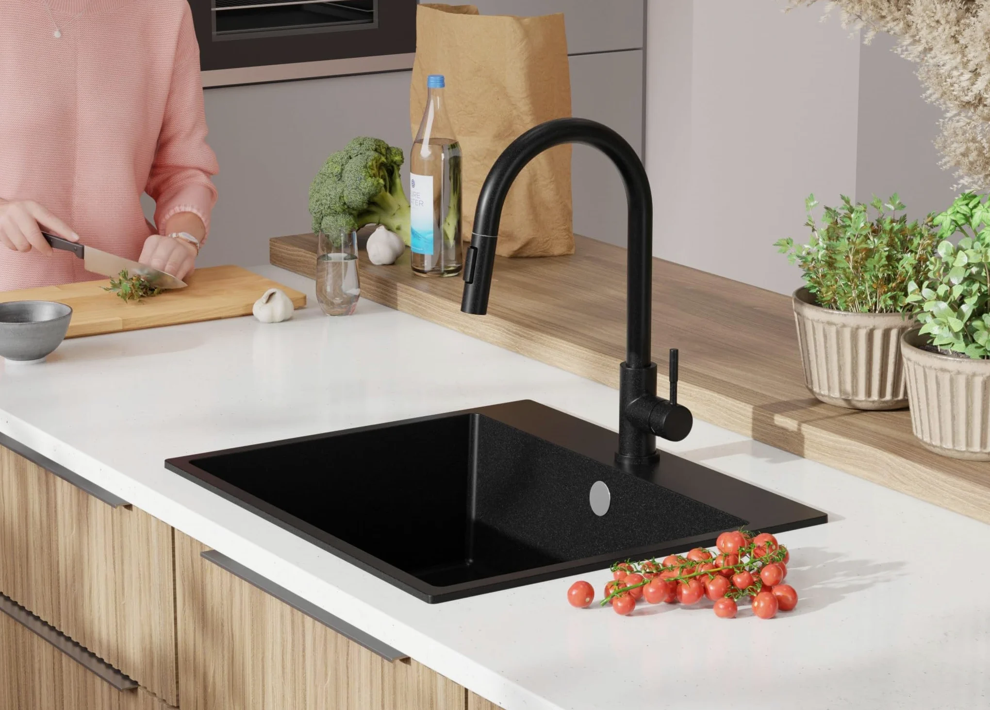 PRIMAGRAN Lavandino da Cucina Tutto Nero 58x50cm, Lavello in Granito a 1 vasca + Rubinetto 40x20cm + Set di accessori, Lavabo da Cucina Incasso al Mobile 60cm - Riga S393