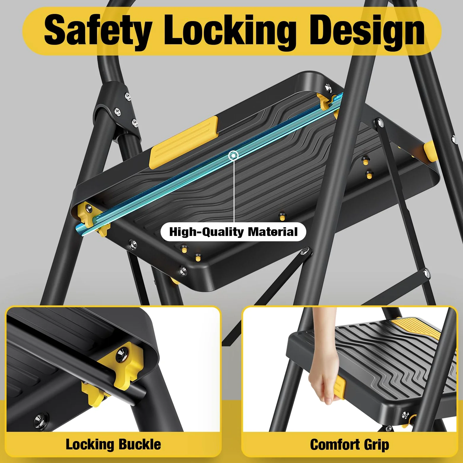 Urackify Scala a 4 gradini, resistente capacità di 150 kg, ampi gradini antiscivolo e corrimano sicuro, compatto, pieghevole, design portatile per casa, cucina, ufficio, dispensa, armadio, nero