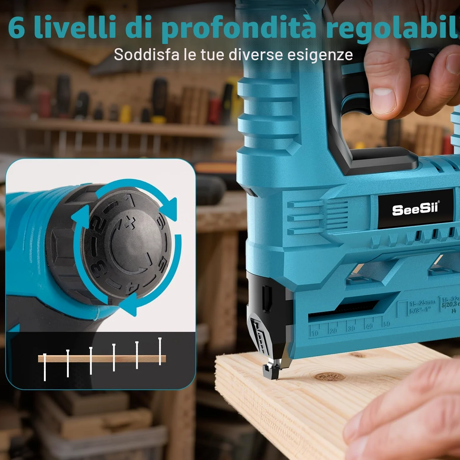 SEESII Chiodatrice Brad a Batteria, Pistola Sparachiodi Elettrica Calibro 18 con 2 Batterie da 2,0Ah e 1000 Pezzi di Chiodi e Graffette, Profondità di Inchiodatura Regolabile