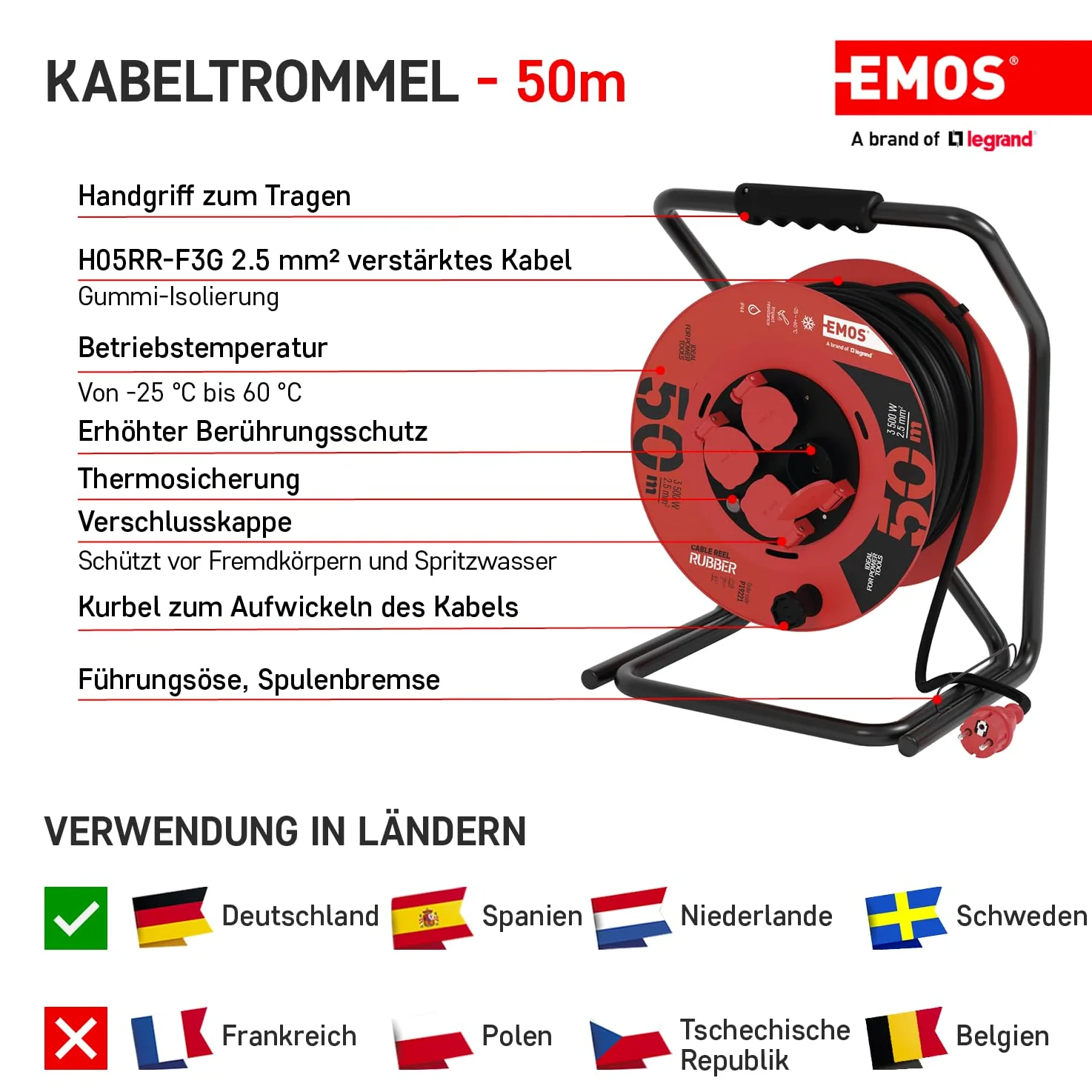 EMOS - Avvolgicavo da 50 m - 4 prese Schuko - impermeabile, resistente agli urti, resistente alle temperature - 230 V, 15 A, 3500 W - Isolamento in gomma - H05RR-F 2,5 mm2 - IP44 per esterni