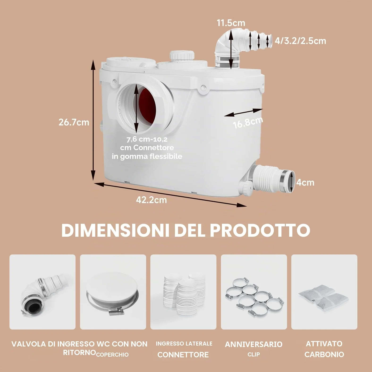 Pompa trituratore per cantina, pompa per WC con motore in rame per sotto la linea 23 piedi/7 m, sistema di lavaggio verticale/orizzontale, 4 ingressi per lavello, doccia/lavandino,500W