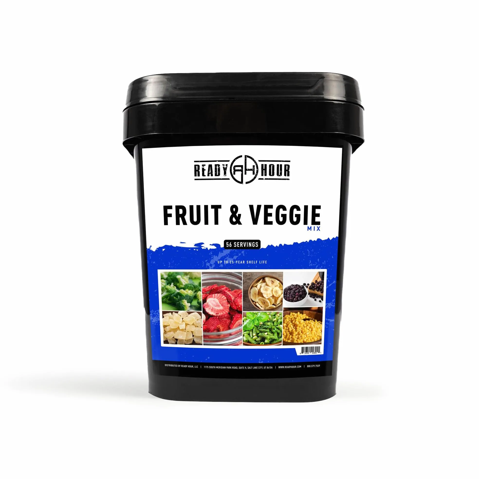 Ready Hour, Miscela di frutta e verdura, Cibo liofilizzato non deperibile, Durata di conservazione di 30 anni, Fornitura alimentare portatile di emergenza e avventura, Contenitore resistente alle