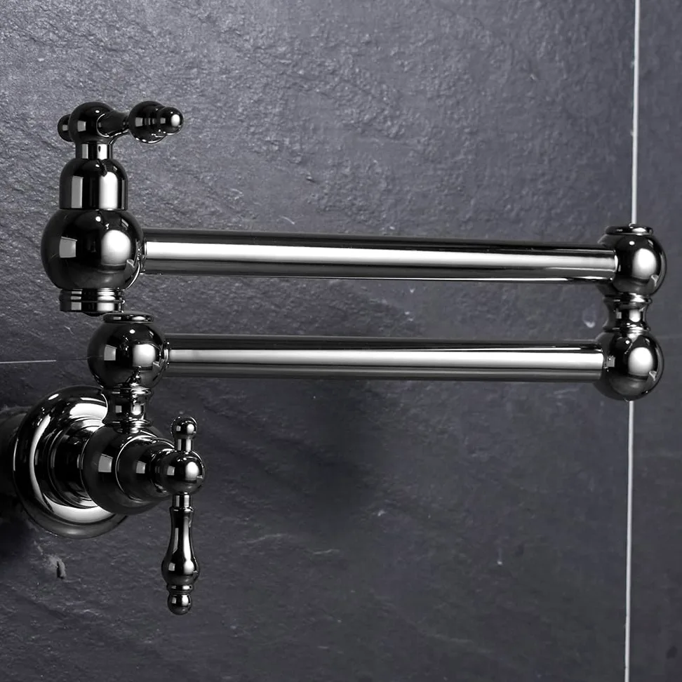 Rubinetto di Riempimento del Vaso in Ottone Massiccio - Pieghevole per Lavello da Cucina, Singolo Foro, Due Maniglie, a Parete Girevole, Pot Filler Tap Chrome