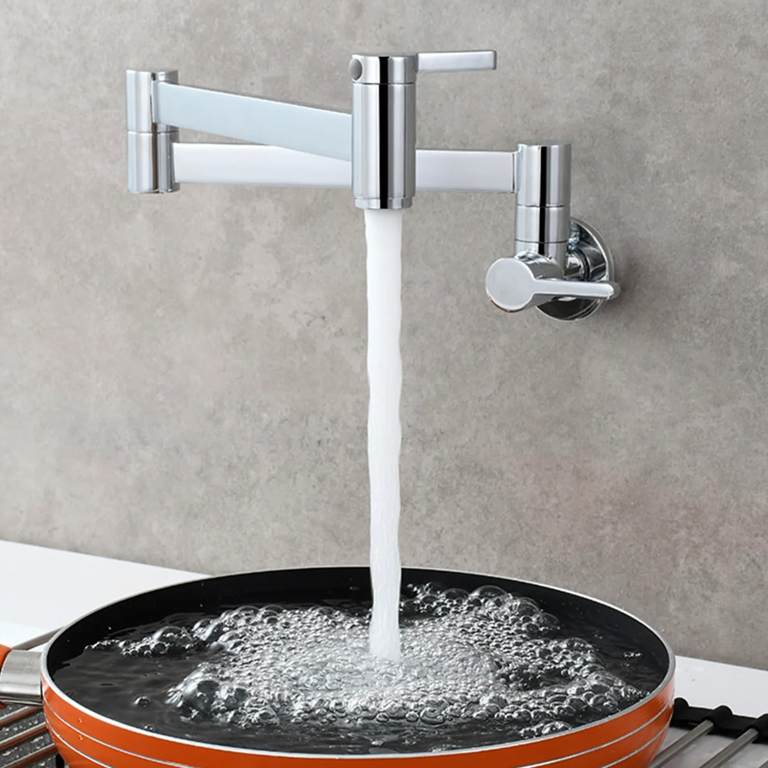 Rubinetto Cucina a Muro,Rubinetto di Riempimento Pentola Acqua Fredda con Braccio Girevole Pieghevole a Doppio Snodo,Cromato