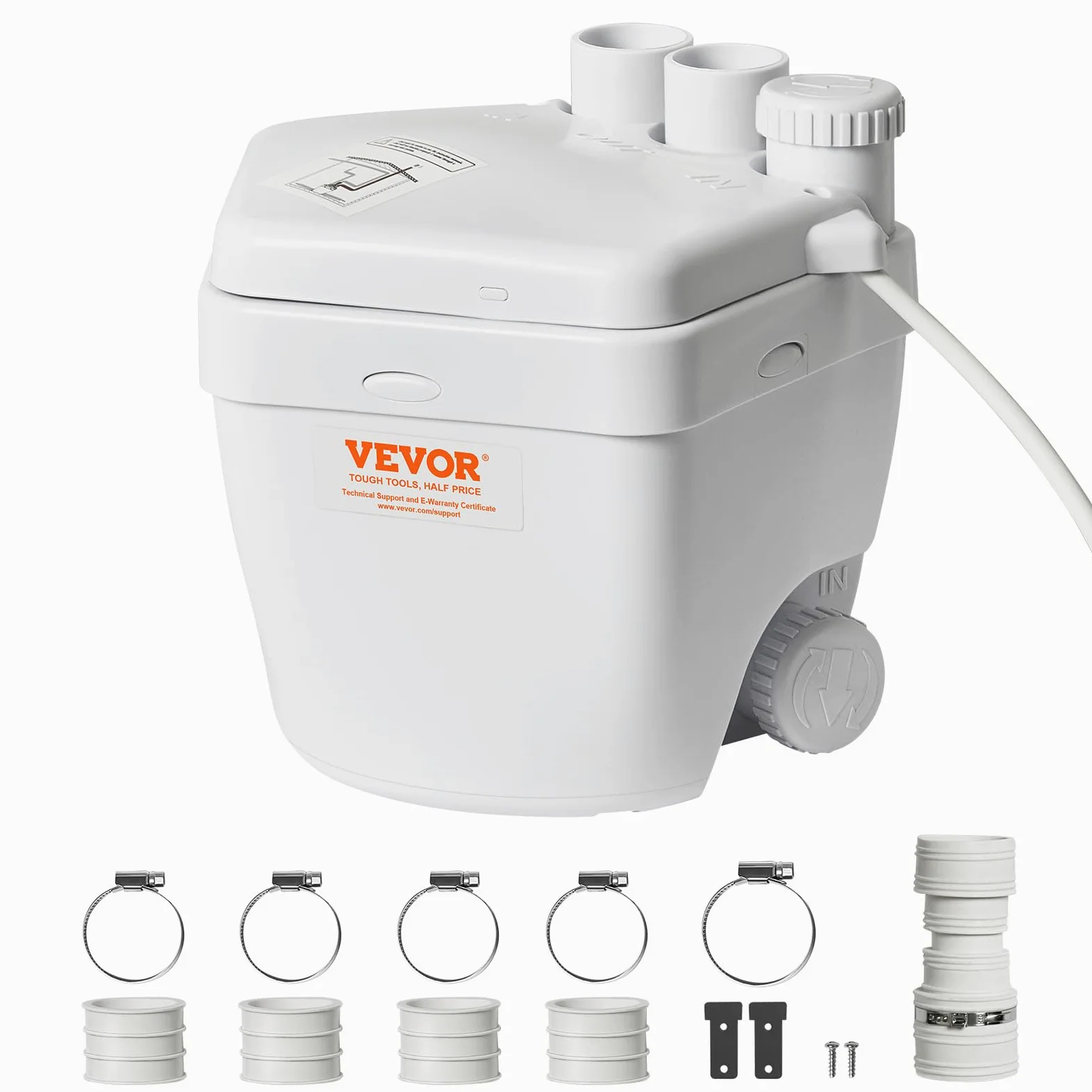 VEVOR Pompa per Lavandino 250 W, Sistema di Pompa per Scarico per Lavandino Sotto Lavandino, Portata 6600L/h 5,5 m, Motore in Filo di Rame, Pompa Sotto Lavandino Scarico 3 Uscite, 8 cm, Bianco