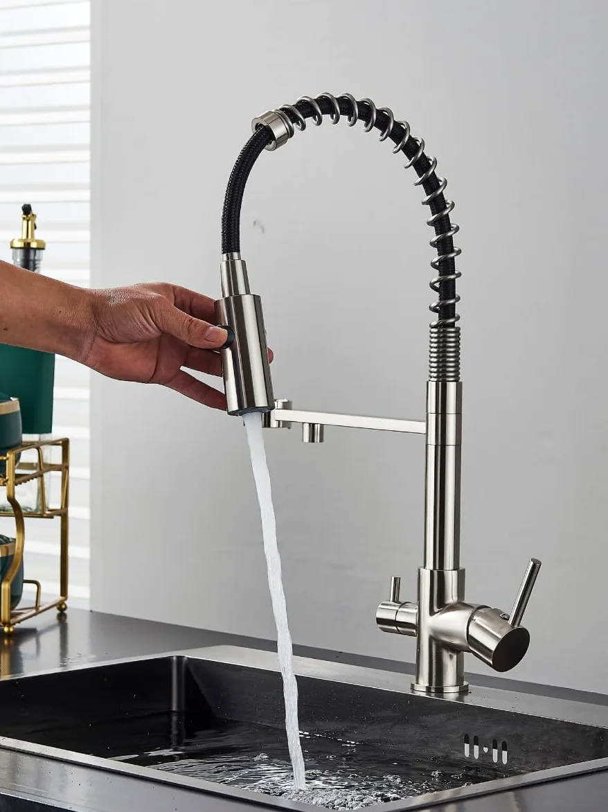Rubinetto da cucina a 3 vie SOLID SPRING con doccetta estraibile, cavo separato per filtro dell'acqua, beccuccio girevole a 360°, rubinetto a molla in ottone, montaggio monoforo (acciaio inossidabile)