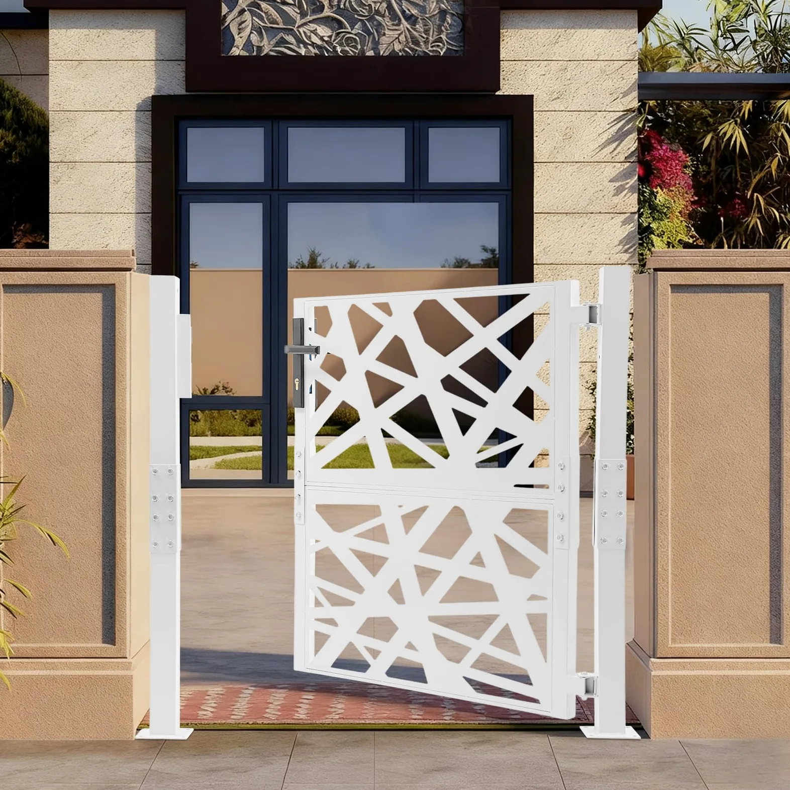 Cancello da giardino in metallo, porta da giardino in acciaio, chiudibile a chiave, cancello del cortile e cancello d'ingresso per giardino, terrazza e vialetto con design a motivo geometrico forato