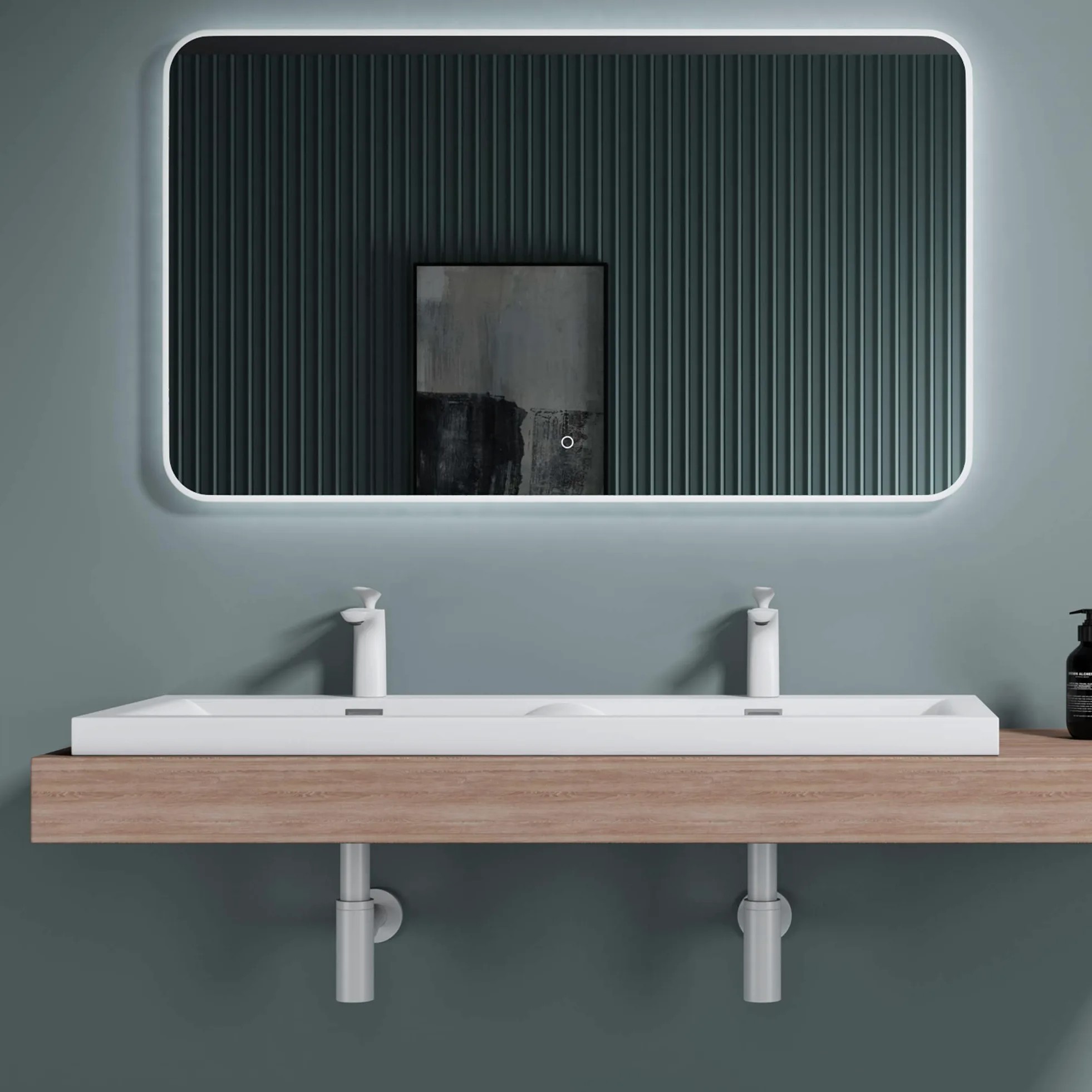 doporro Lavabo da Incasso 120 cm Doppia Vasca in Marmoresina Bianco Lucido, Lavabo Bagno Integrale Soprapiano con 2 Fori Rubinetto e Troppopieno Colossum03
