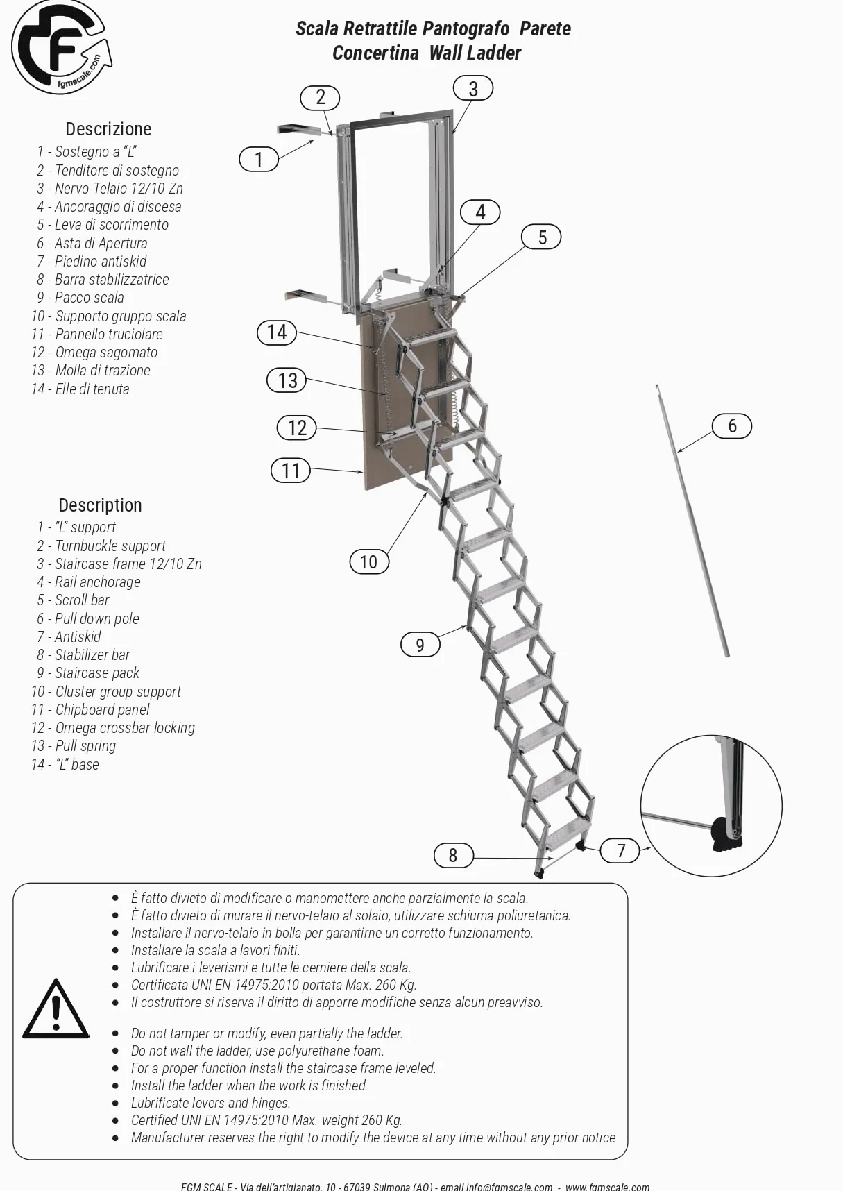 Scala Retrattile Pantografo Parete | Gradino Lato 60 | Misura 60x90 H=276-300 cm