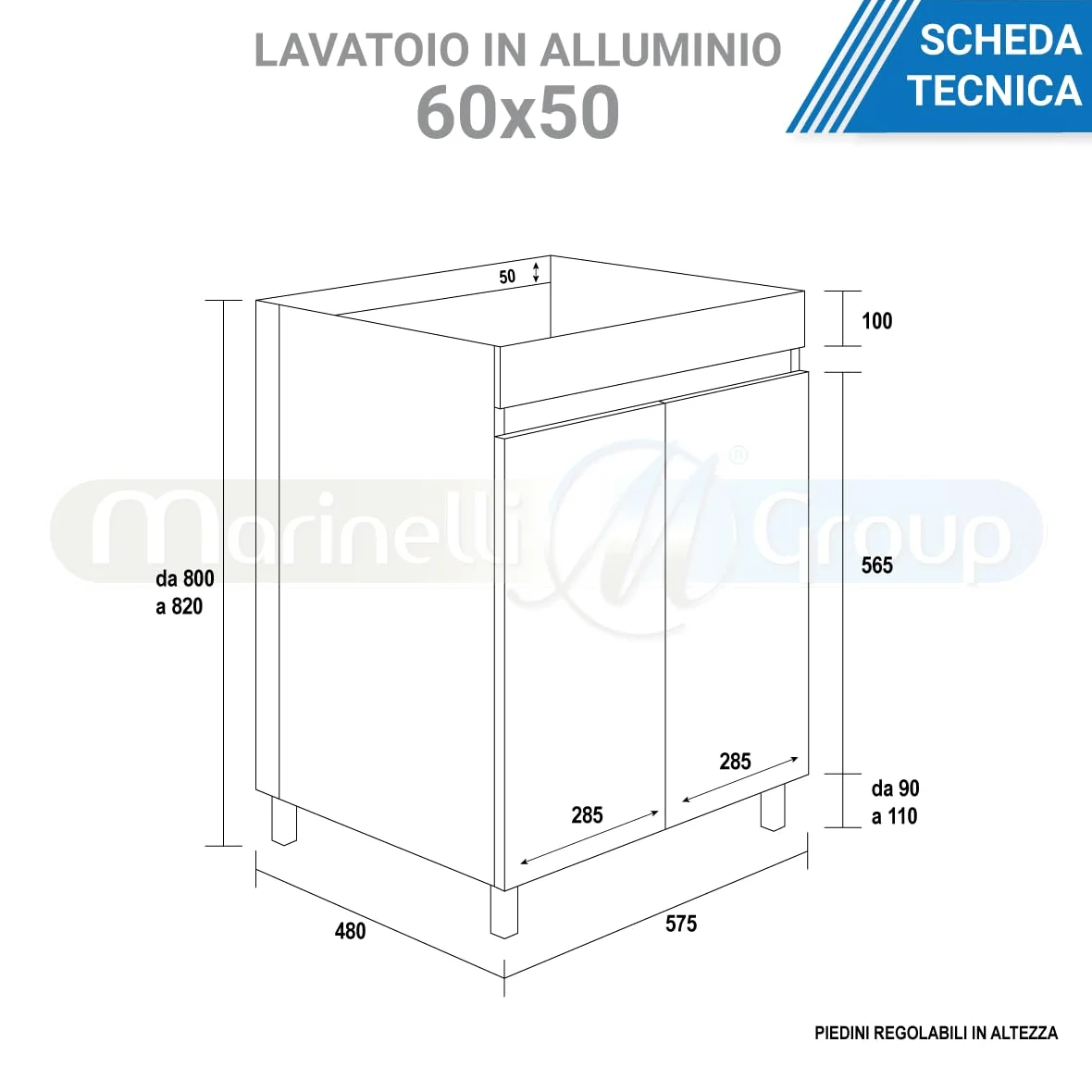 MarinelliGroup MOBILE lavatoio in ALLUMINIO con vasca in CERAMICA 63 X 51 X 86 con foro troppo pieno ALMA