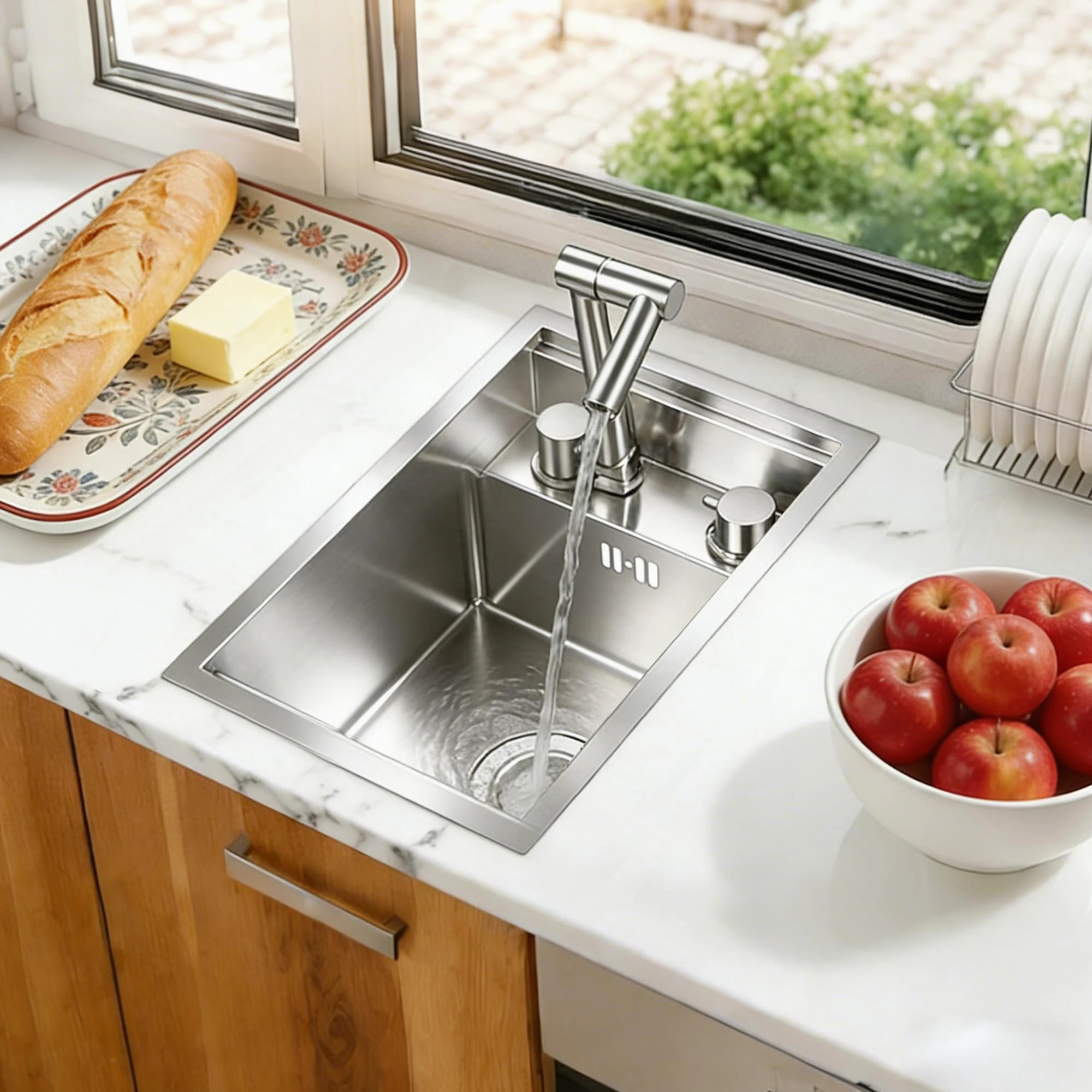Lavello da Cucina/Bar a Scomparsa, 30 x 45 cm con Rubinetto Pieghevole, Lavello Sottotop Nascosto in Acciaio Inox con Tagliere, Postazione di Lavoro a Vasca Singola per Piccole Cucine e RV, Argento