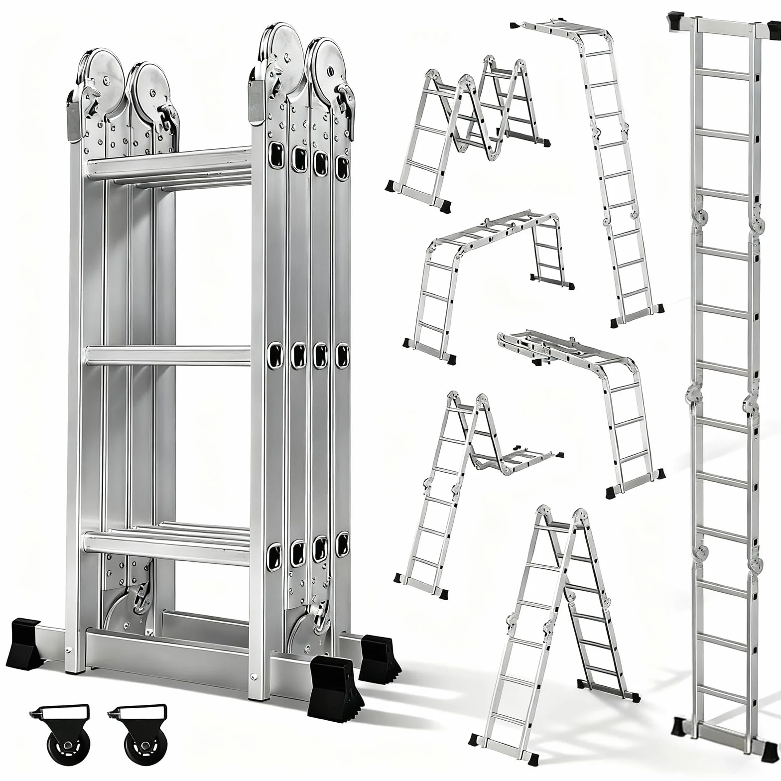 OUTIGO Scala multiuso 4x3, scala pieghevole in alluminio 7 in 1 con 2 ruote, scala multiuso per uso domestico a 12 gradini, portata massima 150 kg,