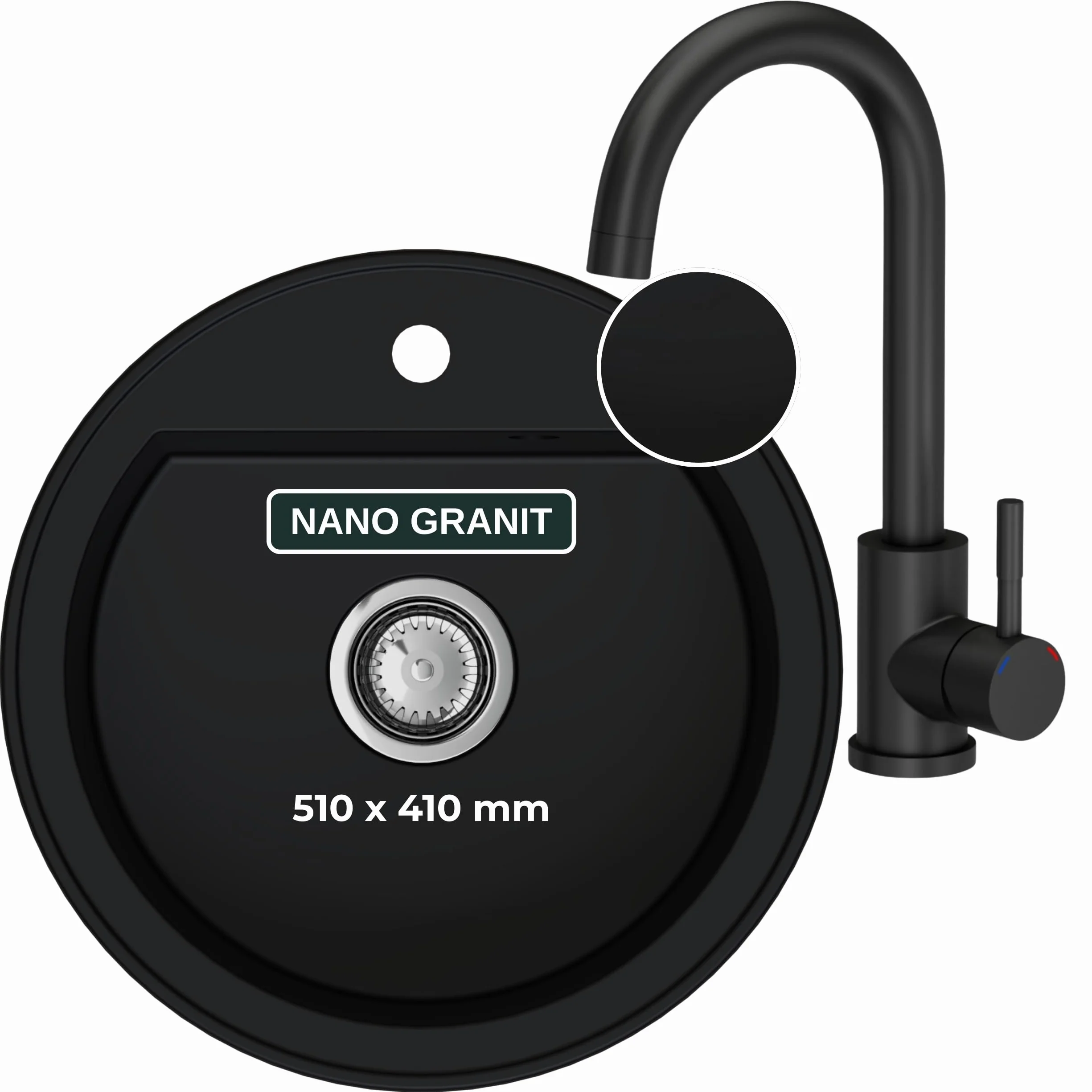 SINK QUALITY lavello rotondo con rubinetto Ø 51 cm – lavello in granito nero con rubinetto, sifone e impregnazione – lavello da cucina rotondo in granito per sottolavelli a partire da 55 cm di