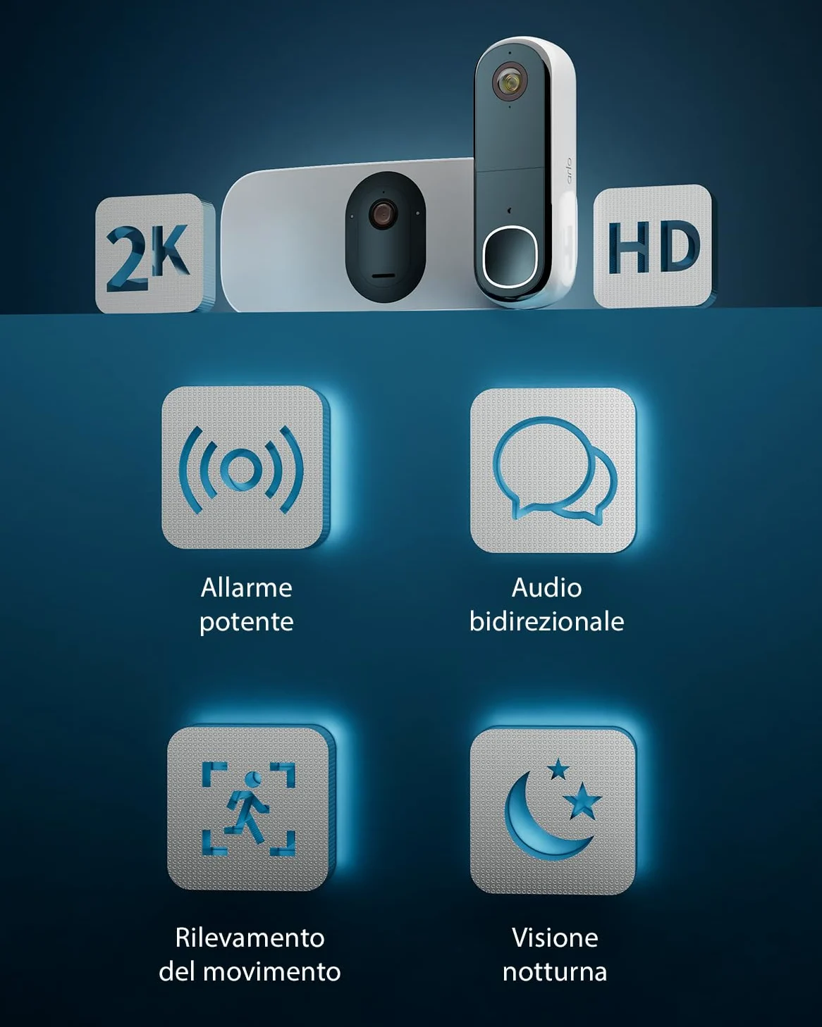 Arlo Videocitofono Wireless HD e Telecamera con Faretto 2K WiFi Bianca – Protezione Intelligente per la Casa, Visione Notturna, Rilevamento del Movimento, Audio Bidirezionale, Compatibile con Alexa
