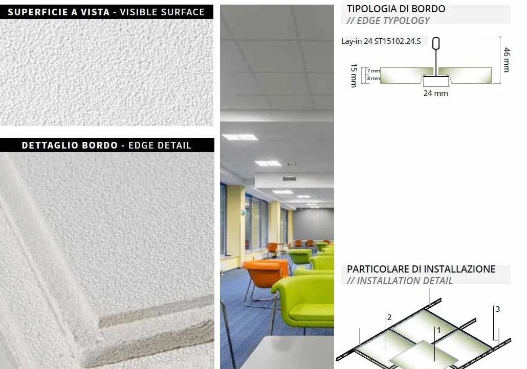 Pannelli controsoffitto 60x60x1.5 cm 12 pezzi in Fibra Minerale Confezione da 4.32 mq Finitura BUCCIATA montaggio a INCASSO ST15102.24.S bordo a vista