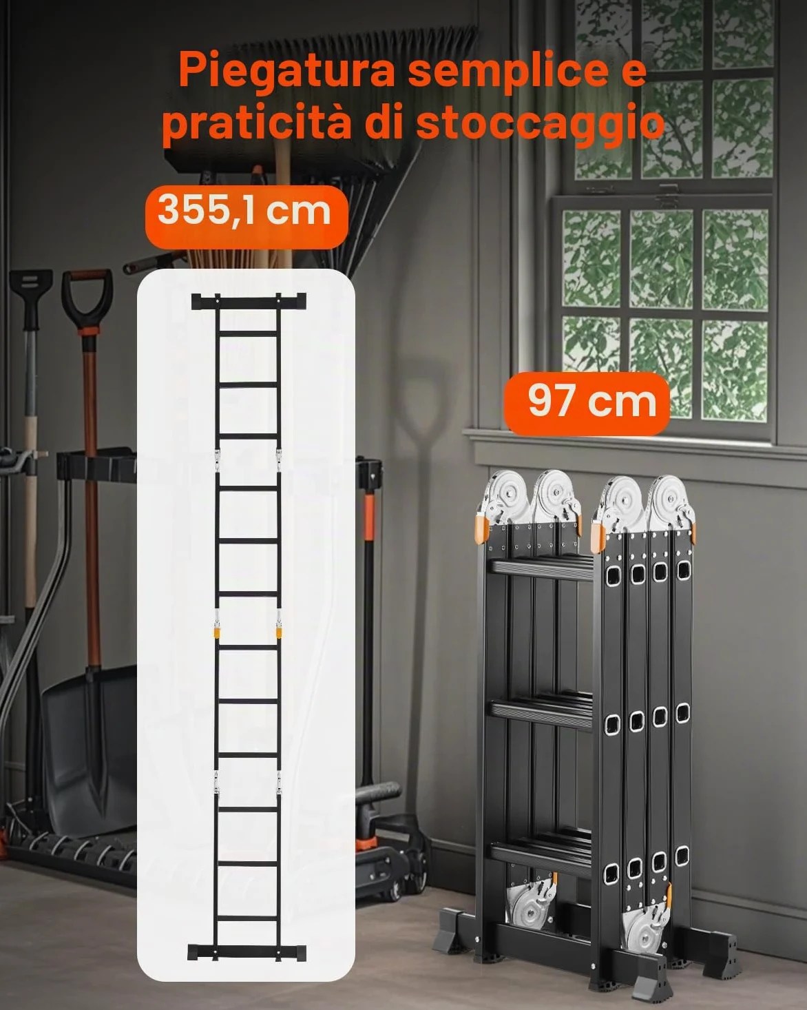 VEVOR Scala Pieghevole Multiuso, Scala a Pioli Estensibile Alta, Struttura a A con 3 Gradini e Scala Telescopica per Ponteggi, Altezza 3,7 m, Scala per Impieghi Gravosi, Capacità 149,7 kg per Casa