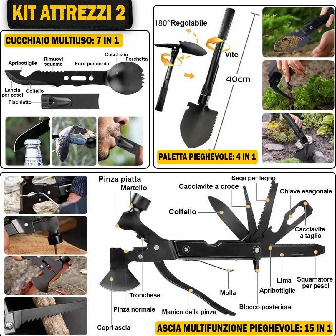 Kit di Sopravvivenza Avanzato – Kit di Emergenza con 20 Strumenti Multifunzione e Più di 60 Articoli di Primo Soccorso – Estremamente Completo – Pratico - Leggero