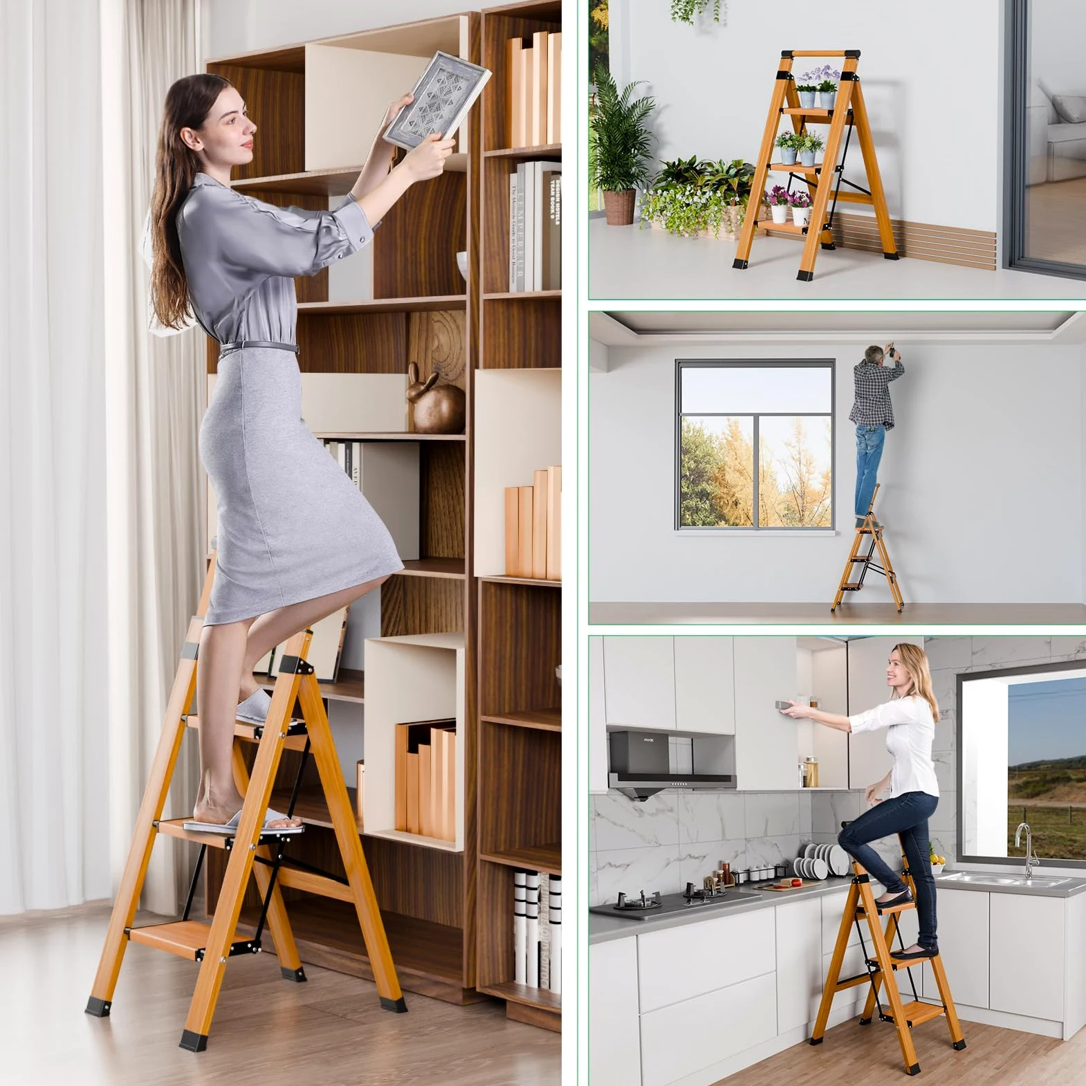 KULACO Scala multifunzione a 3 gradini antiscivolo, venature in legno, alluminio, fino a 150 kg
