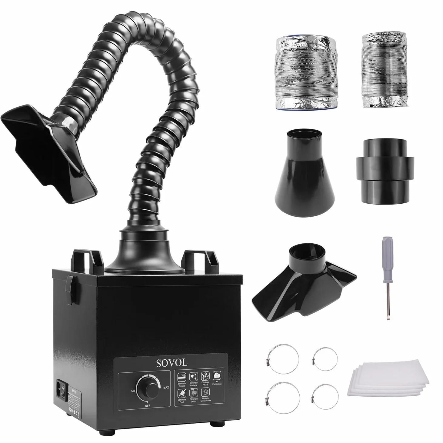 Sovol Assorbitore di fumo di saldatura, 100 W, con filtro a 3 livelli, volume d'aria 200 m³/h, 2 forme di fumo e 3 tubi di scarico per macchina per incisione laser