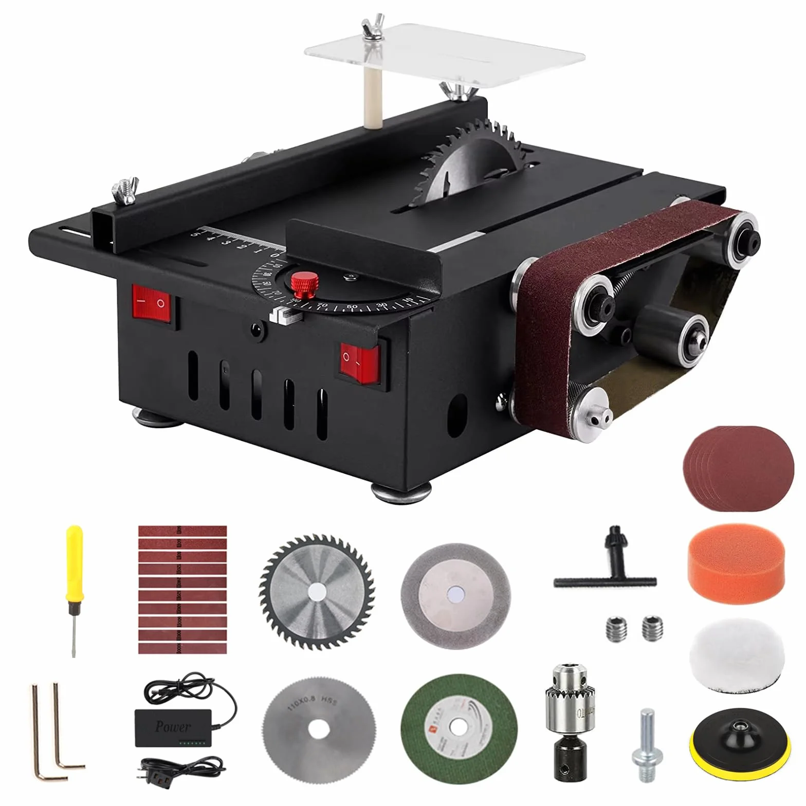 Mini Sega Circolare da Tavolo, Sega Circolare Compatta con Levigatrice a Nastro, 200W Multifunzionale Portatile per DIY, Segada Tavolo Miniatura con 4 Lame, Profondità di Taglio 0,1-30mm per Lavori