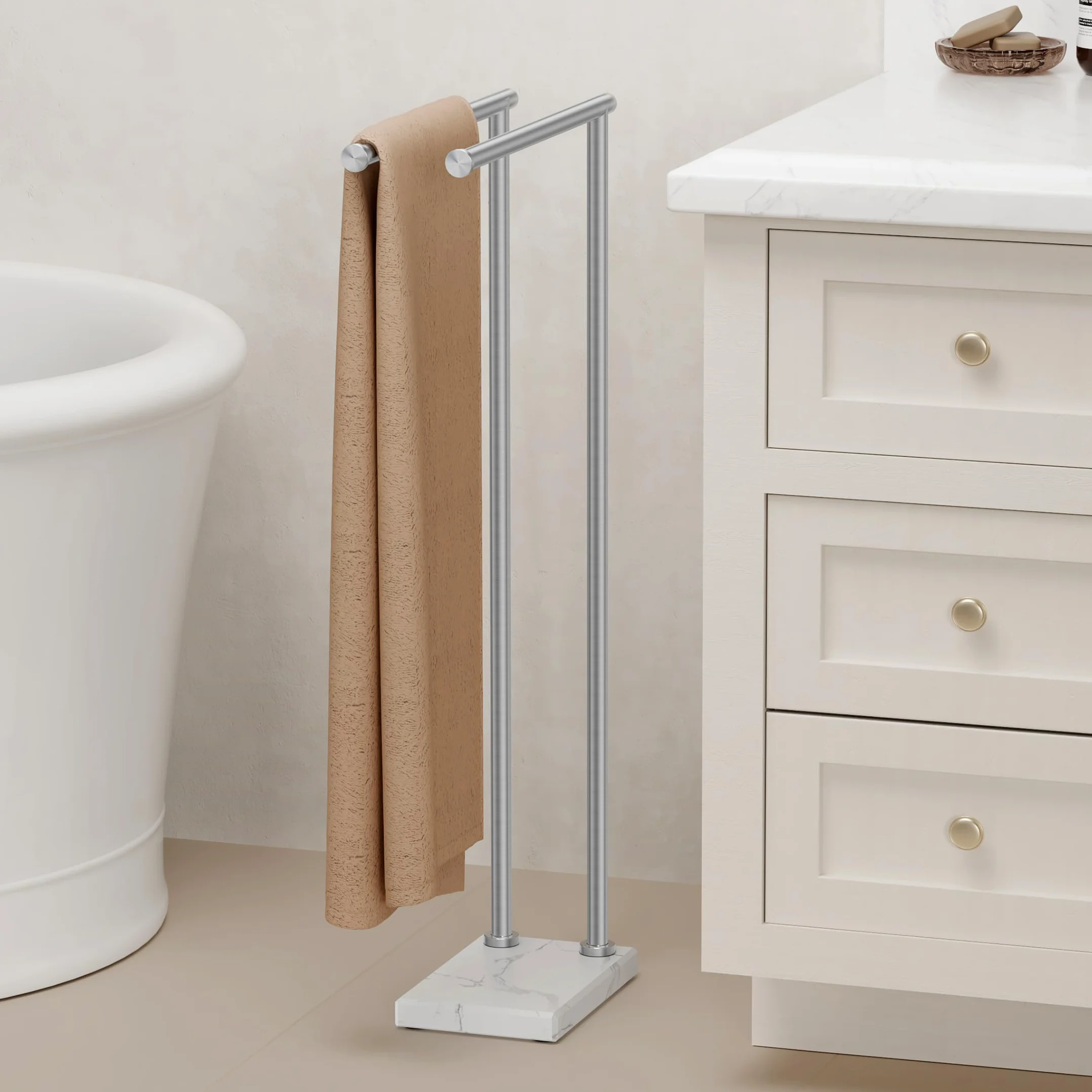 KES Porta Asciugamani Bagno da Terra Doppia Porta Asciugamani con 2X Più spesso Base Marmo Porta Asciugamano Acciaio Inossidabile 18/8 Portasalviette Spazzolato, BTH235-2