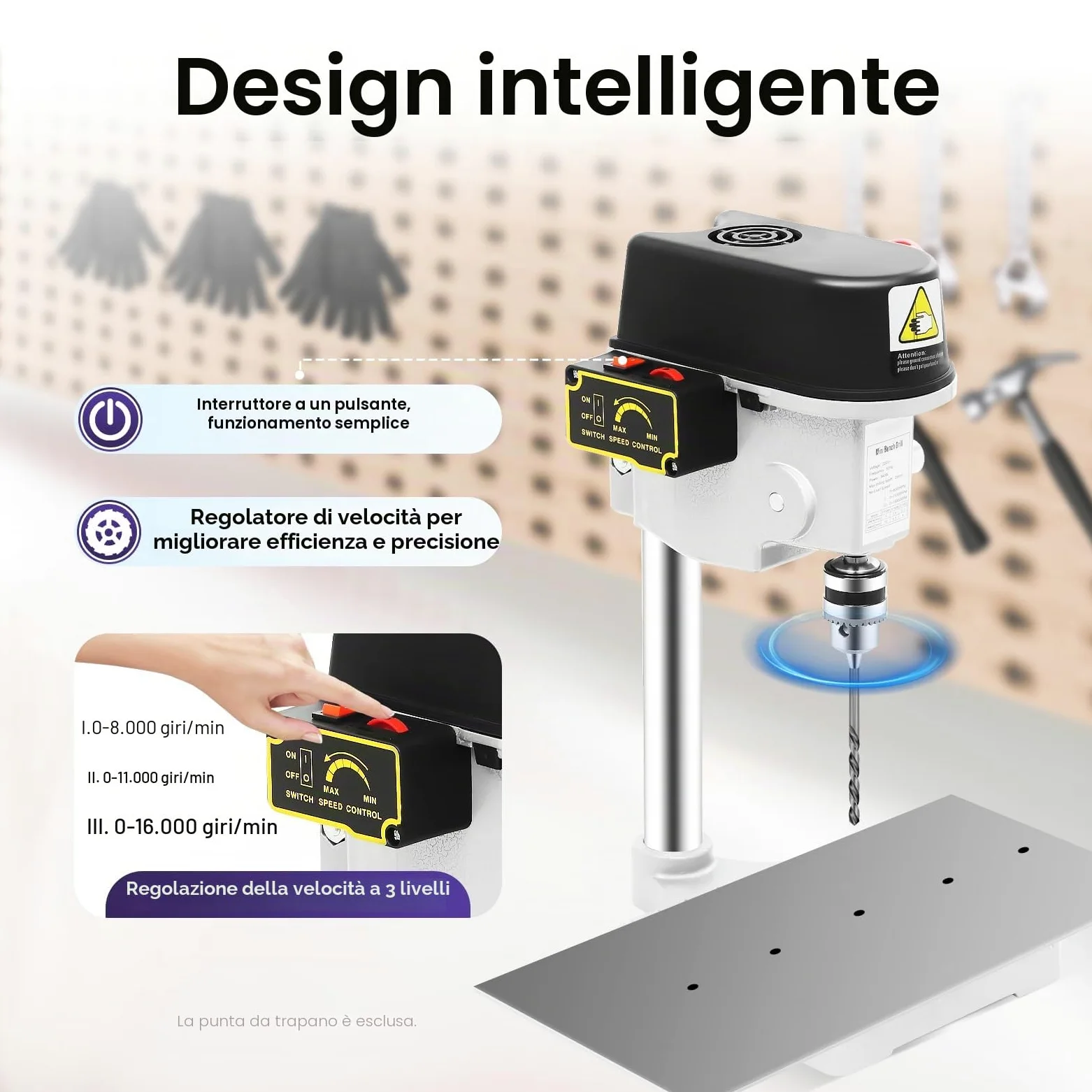Mini trapano a colonna, 340 W, trapano da banco, con cavo, portatile, con velocità completamente regolabile, per la perforazione di ferro, materiali compositi e altri materiali non duri