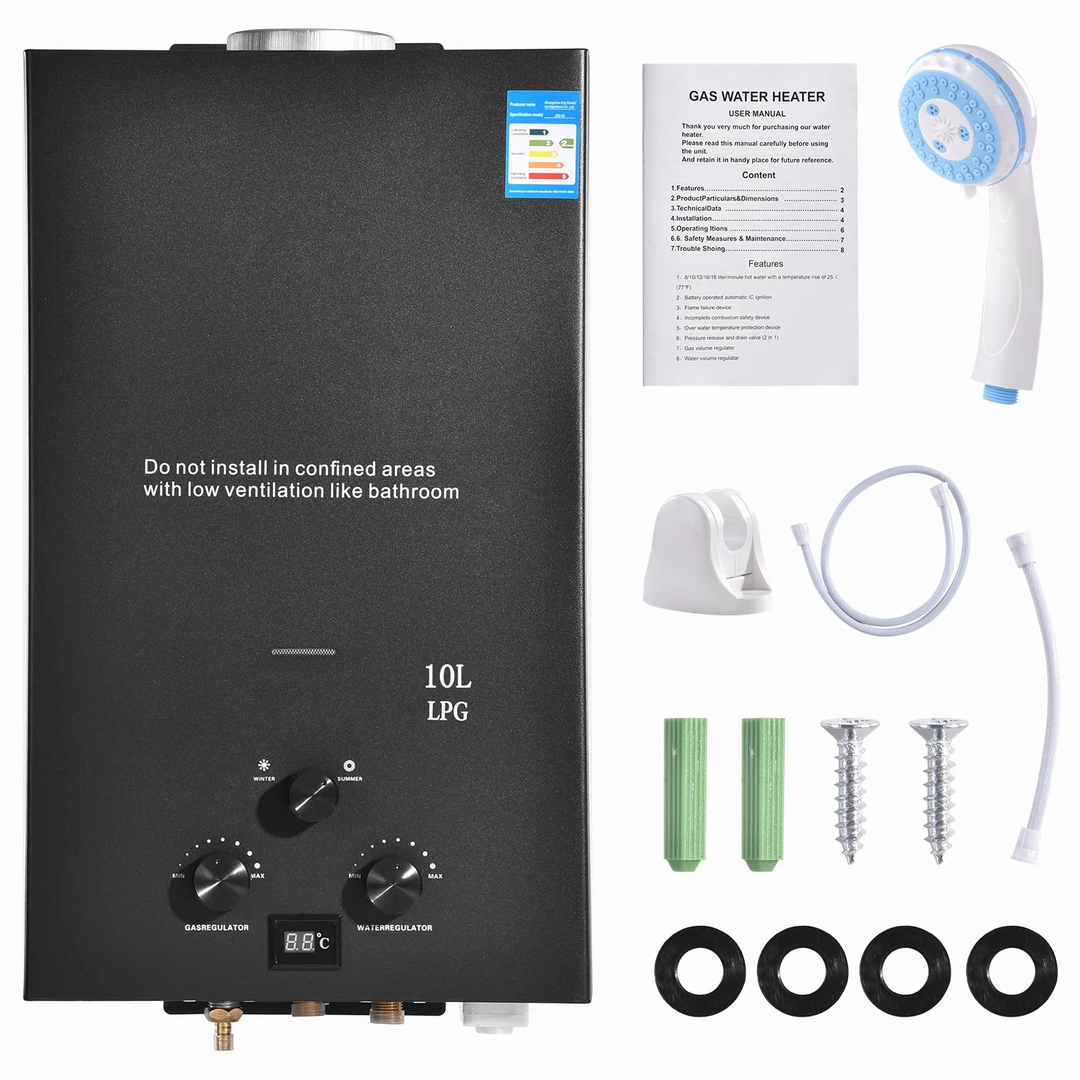 GPL 10L Scaldabagno a Gas Propano, Scaldabagno Istantaneo Senza Serbatoio da 20KW con Kit Doccia, Bruciatore per Caldaia per Campeggio, Camper, Casa (Nero)