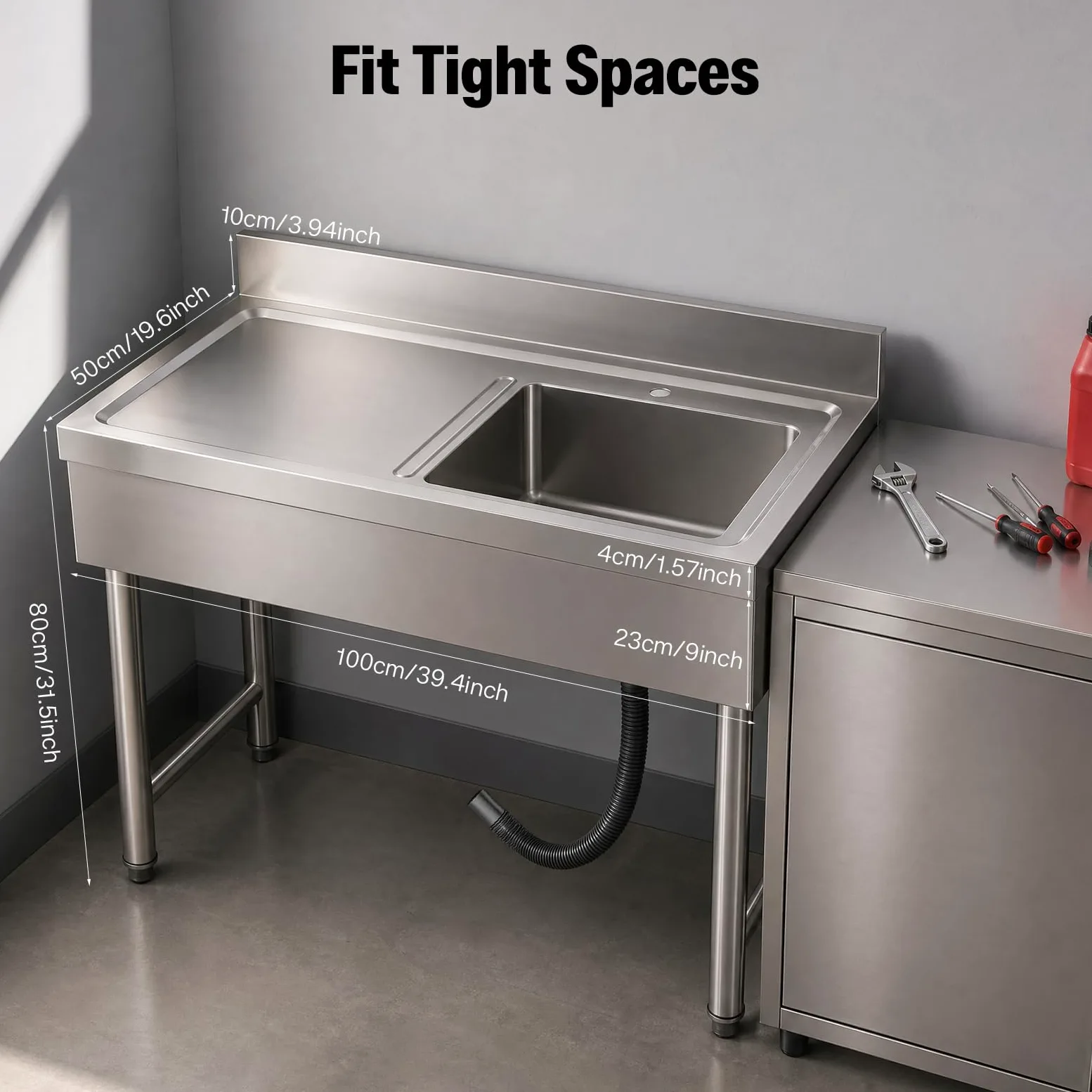 Lavello in Acciaio Inox Acciaio Inox Lavello da Cucina 100x50x80cm Lavello Da Cucina Indipendente Capacità di Carico di 150kg Lavandino da Esterno Regolazione Dell'altezza da 1-3 cm