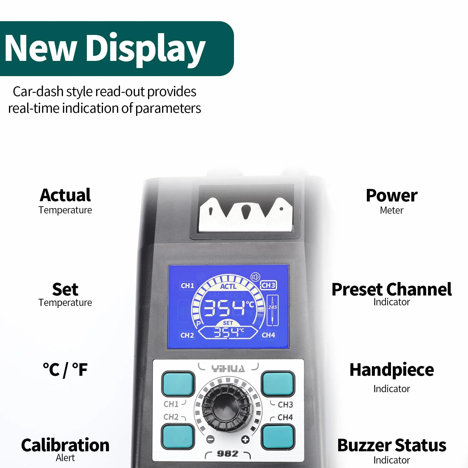 YIHUA 982 Kit per stazione di saldatura di precisione con display LCD digitale, compatibile con cartucce per punte da saldatura C245, 4 canali di memoria, riscaldamento rapido per la microsaldatura