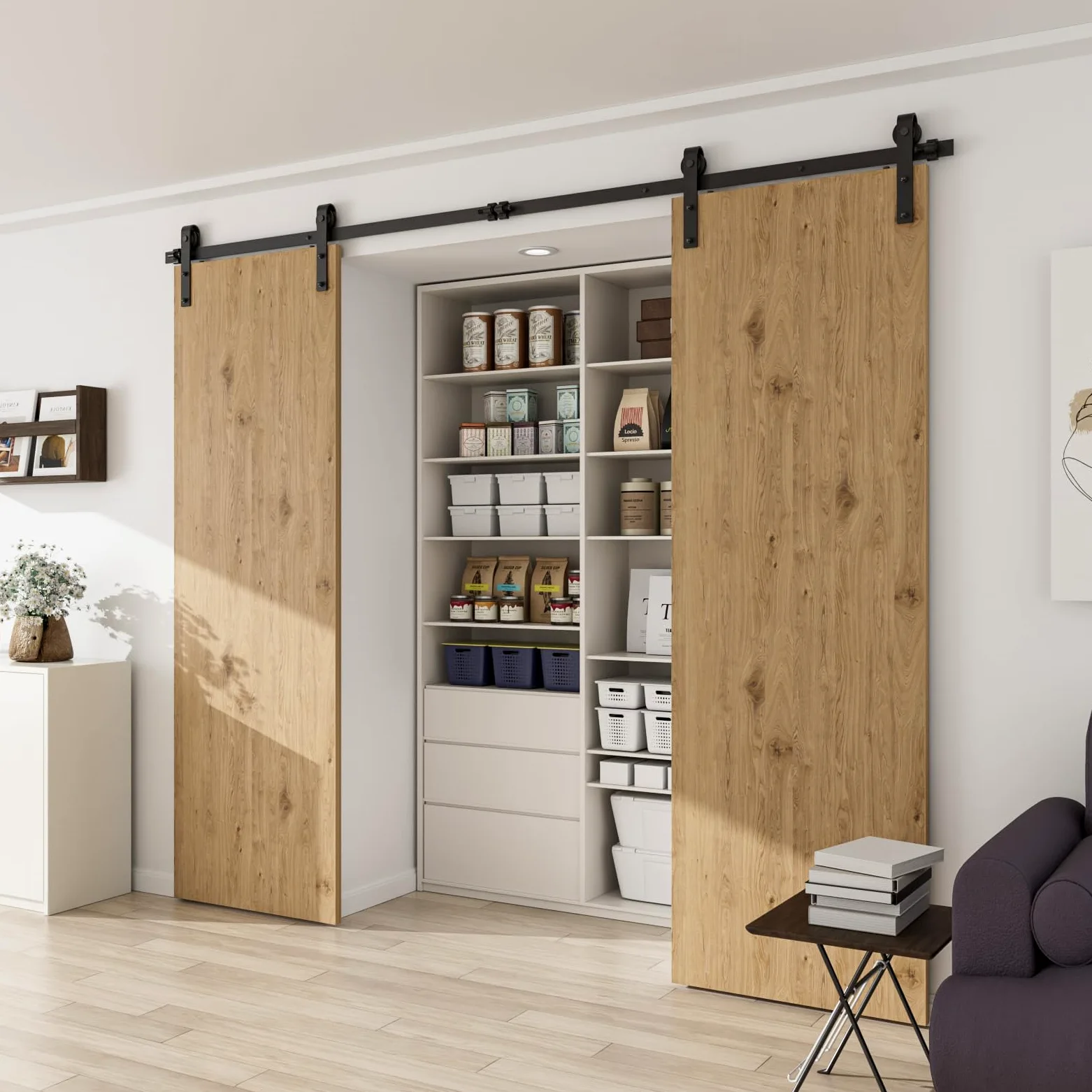CCJH Binario per Porta Scorrevole Kit Doppia Anta Esterno Muro 6.6FT-203cm in Stile Rustico Classico Rulli Forma Hardware in Acciaio al Carbonio Nero