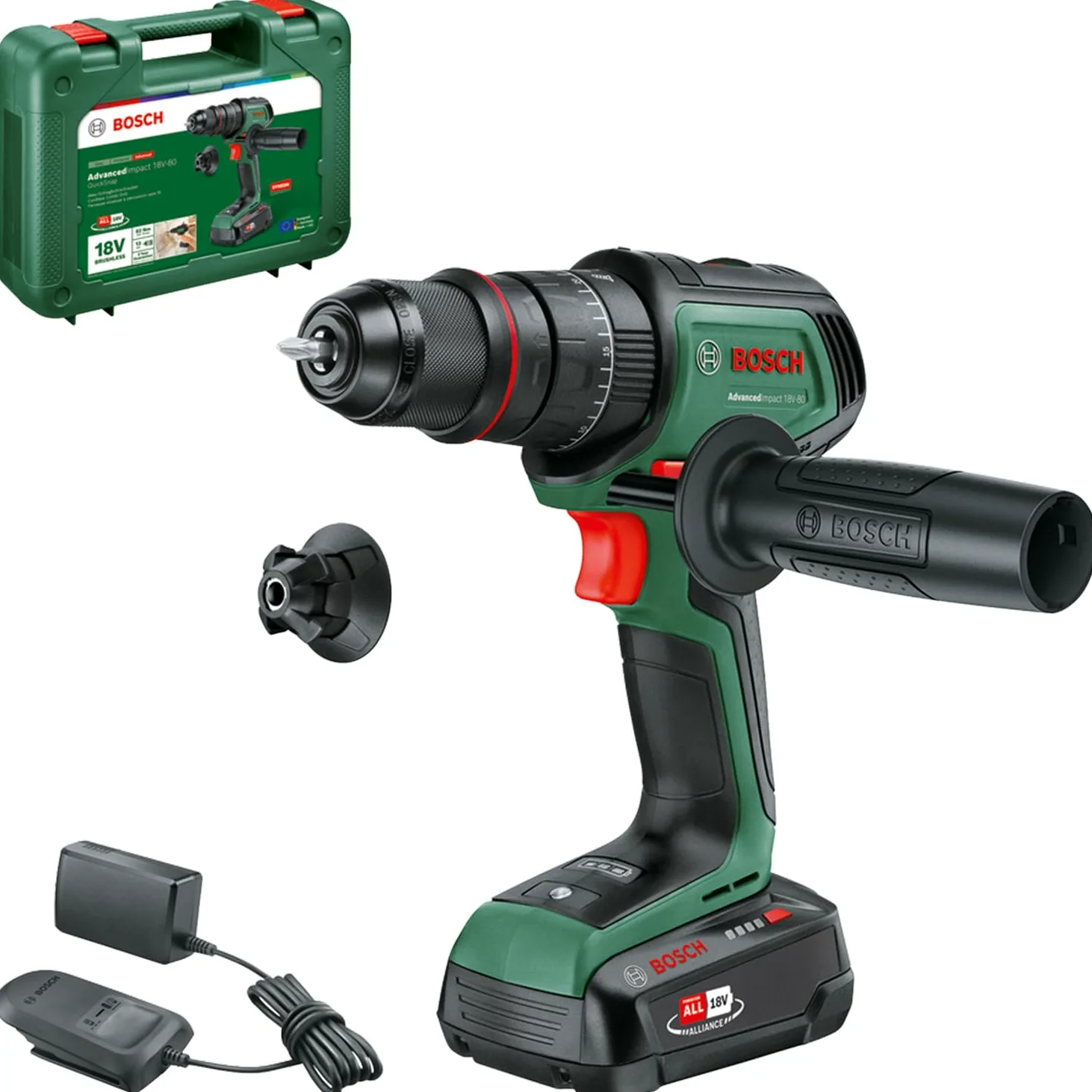Bosch trapano battente-avvitatore batteria AdvancedImpact 18V-80 QuickSnap (foratura a percussione/avvitamento; 18V; brushless; 82Nm; mandrino metallo 13mm; batteria e caricabatt.)