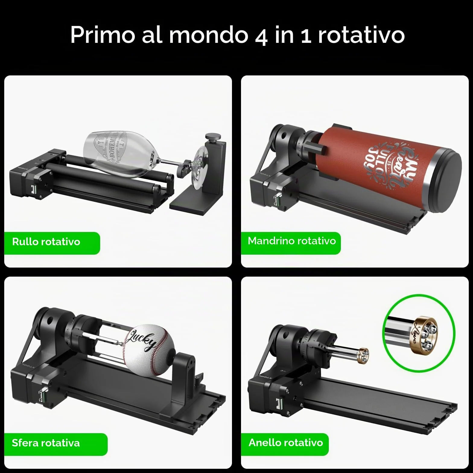 xTool RA2 Pro 4 in 1, Rotatore Laser per xTool S1/M1 Ultra/ F1 Ultra/F1/P2/D1 Pro, Mandrino Laser a Tamburo Rotante, Incisione di Oggetti Cilindrici, Bicchieri da Vino, Anelli, Sfere, Accessorio
