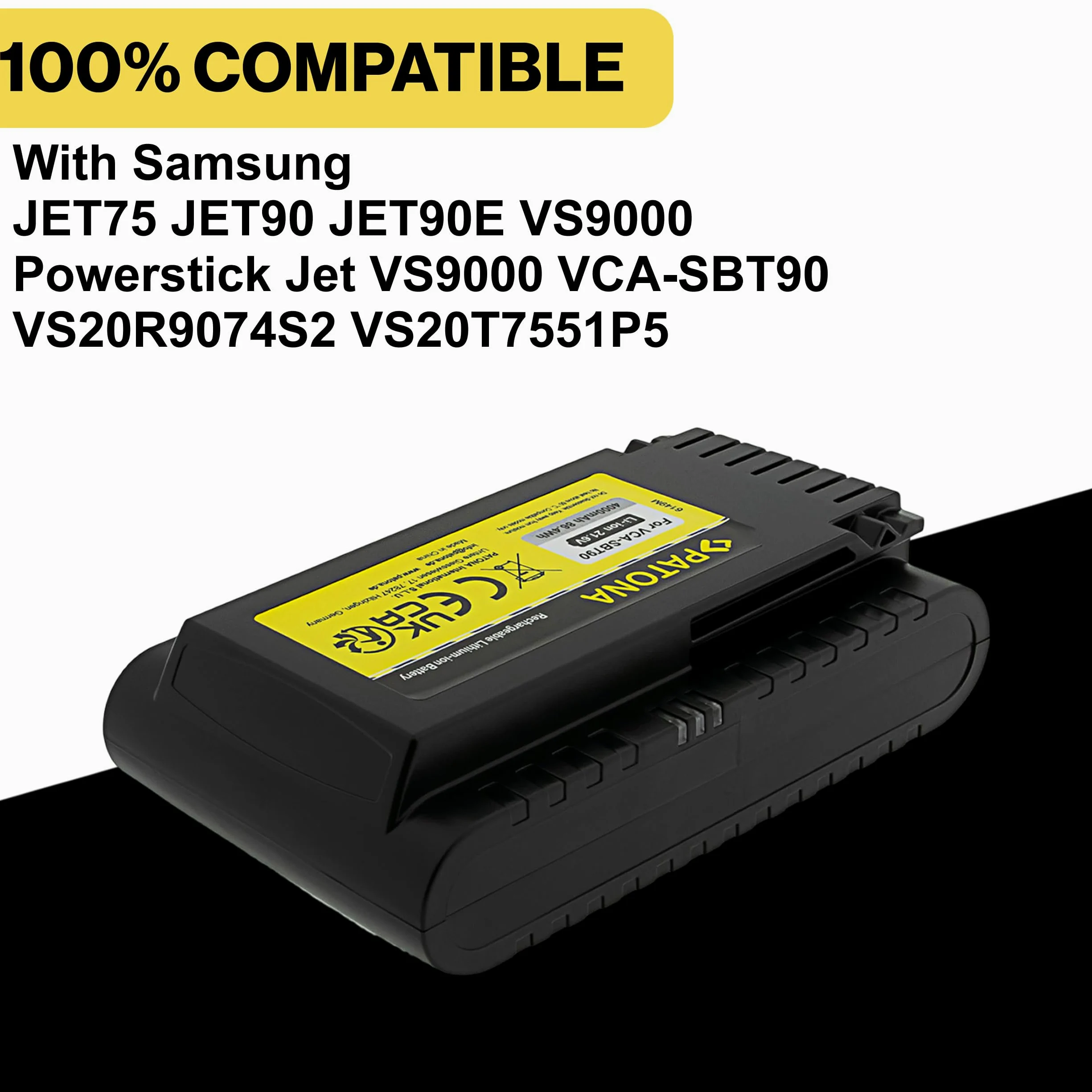 PATONA Batteria 21,6V 4000mAh per Samsung Powerstick Jet – sostituisce VCA-SBT90 – per Jet 75, Jet 90, Jet 90E, VS9000, VS20R9074S2, VS20T7551P5 – pulizie complete senza ricariche intermedie