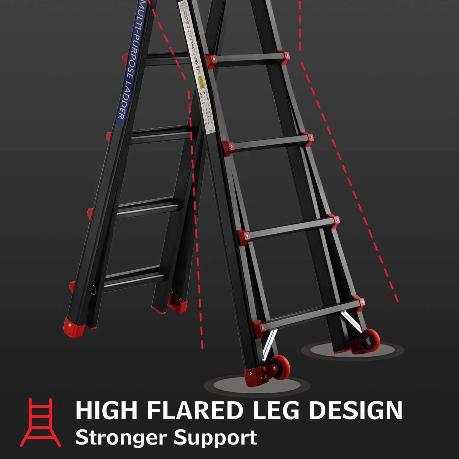 TEENO Scala Pieghevole Multifunzione 5,1 m, Scala telescopica con 2 Rimovibile Ruote e Base Rinforzata Triangolare, 5x5 Gradini, Carico 150KG, Nero