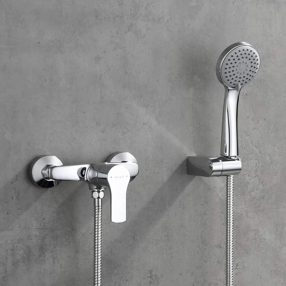 Ibergrif M12057 Miscelatore doccia con soffione, sistema doccia a parete con supporto regolabile e flessibile 150 cm
