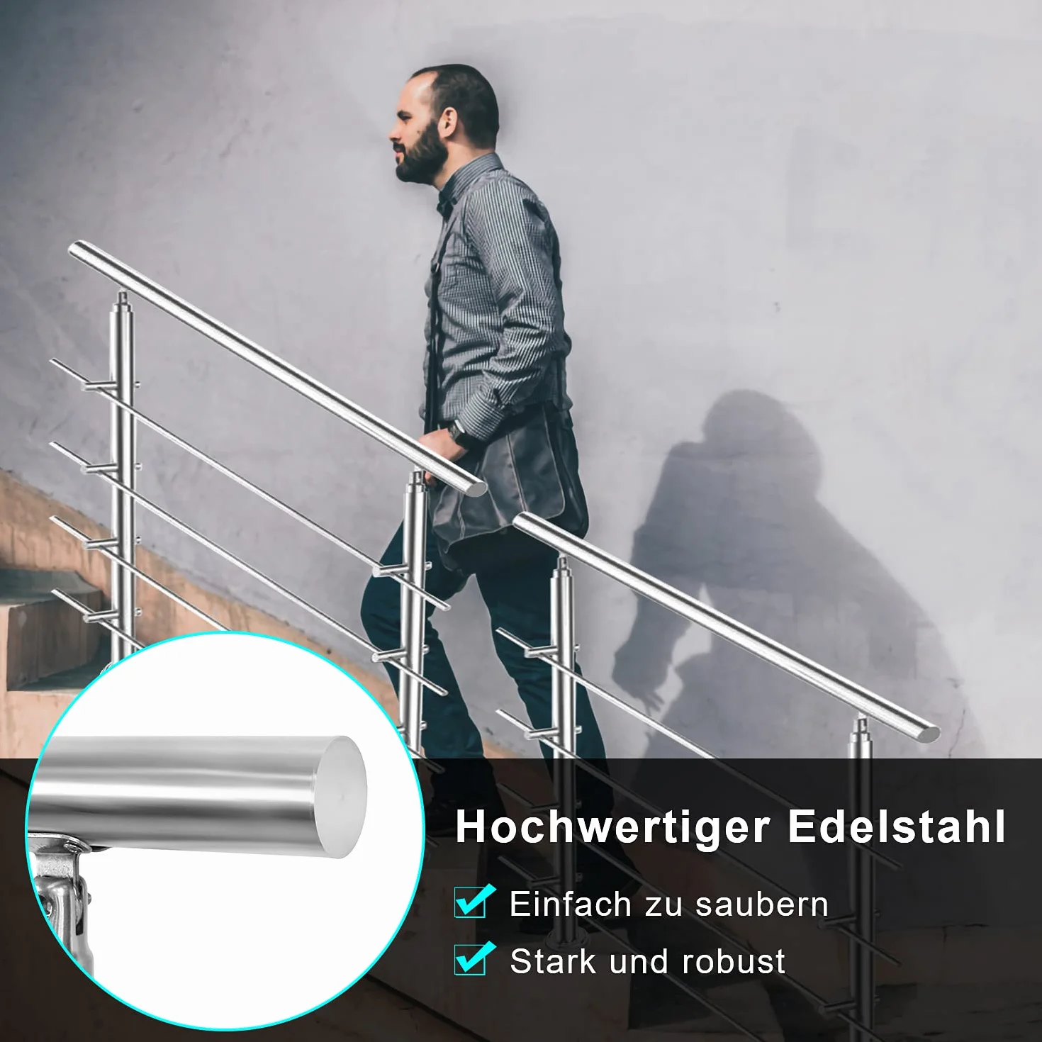 Corrimano in acciaio inox, ringhiera per scale, parapetto, balcone, 180 cm, con 4 barre trasversali Ø 42 mm, per interni ed esterni