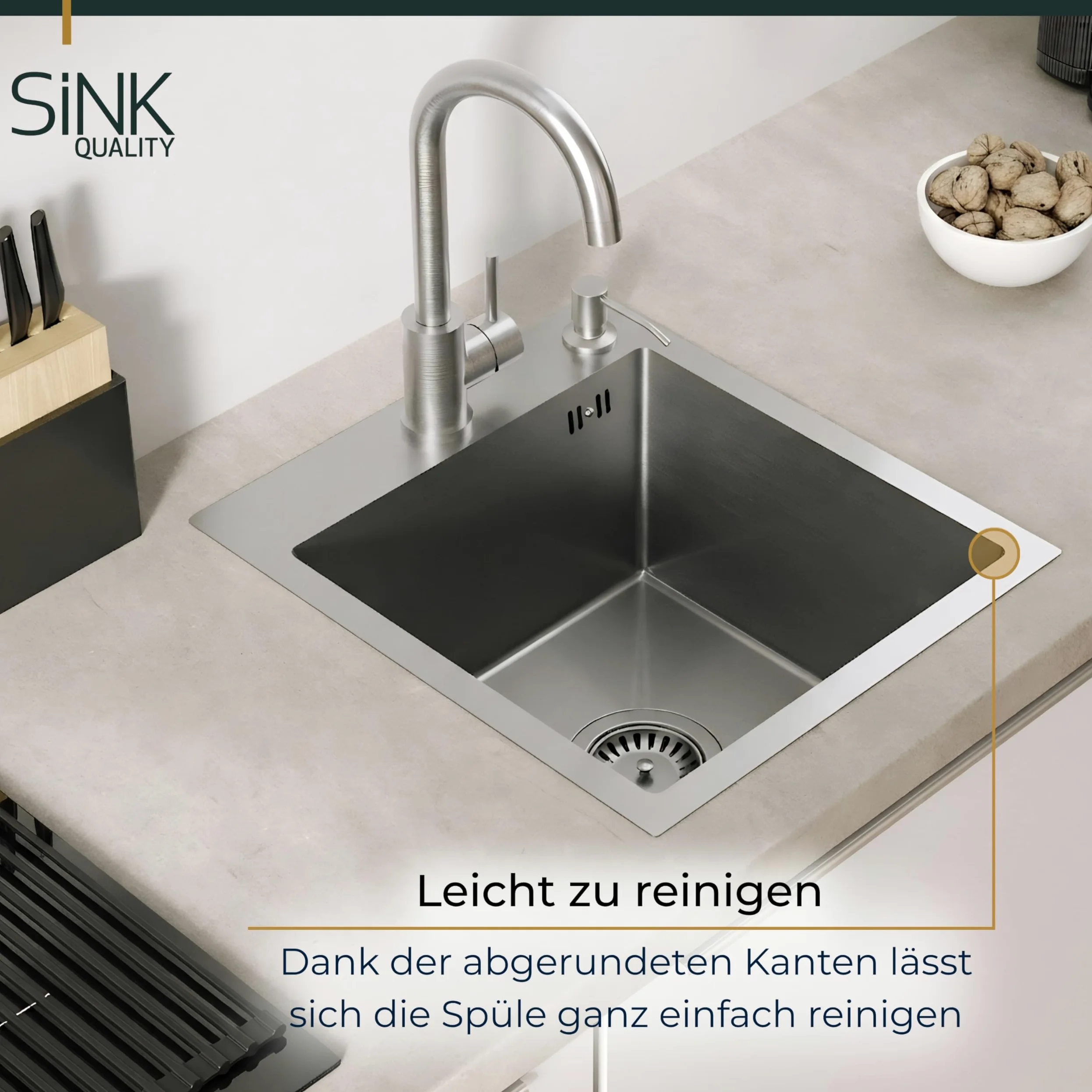 SINK Quality Lavello Cucina 40x45 cm | Acciaio Inox 304 | Vasca Singola Antigraffio PVD | Insonorizzato e Anticondensa | Sifone Salvaspazio Incluso | Ideale per Base 40 cm