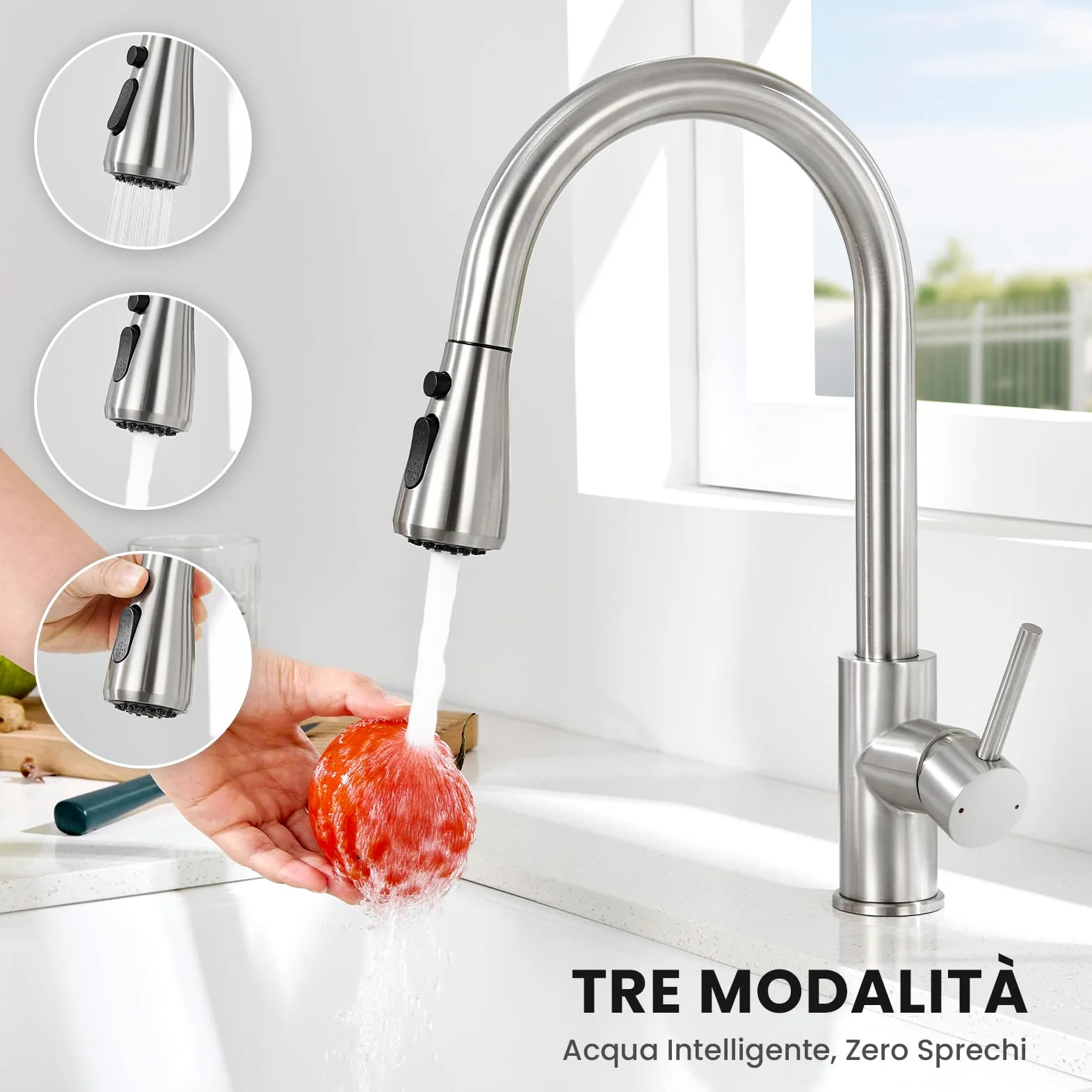 CECIPA 70x45 cm Lavello Cucina con Arco Rubinetto Cucina Estraibile, Lavandino Cucina 1 Vasca in Acciaio Inox con cestello scolapiatti, per Mobile da 70cm