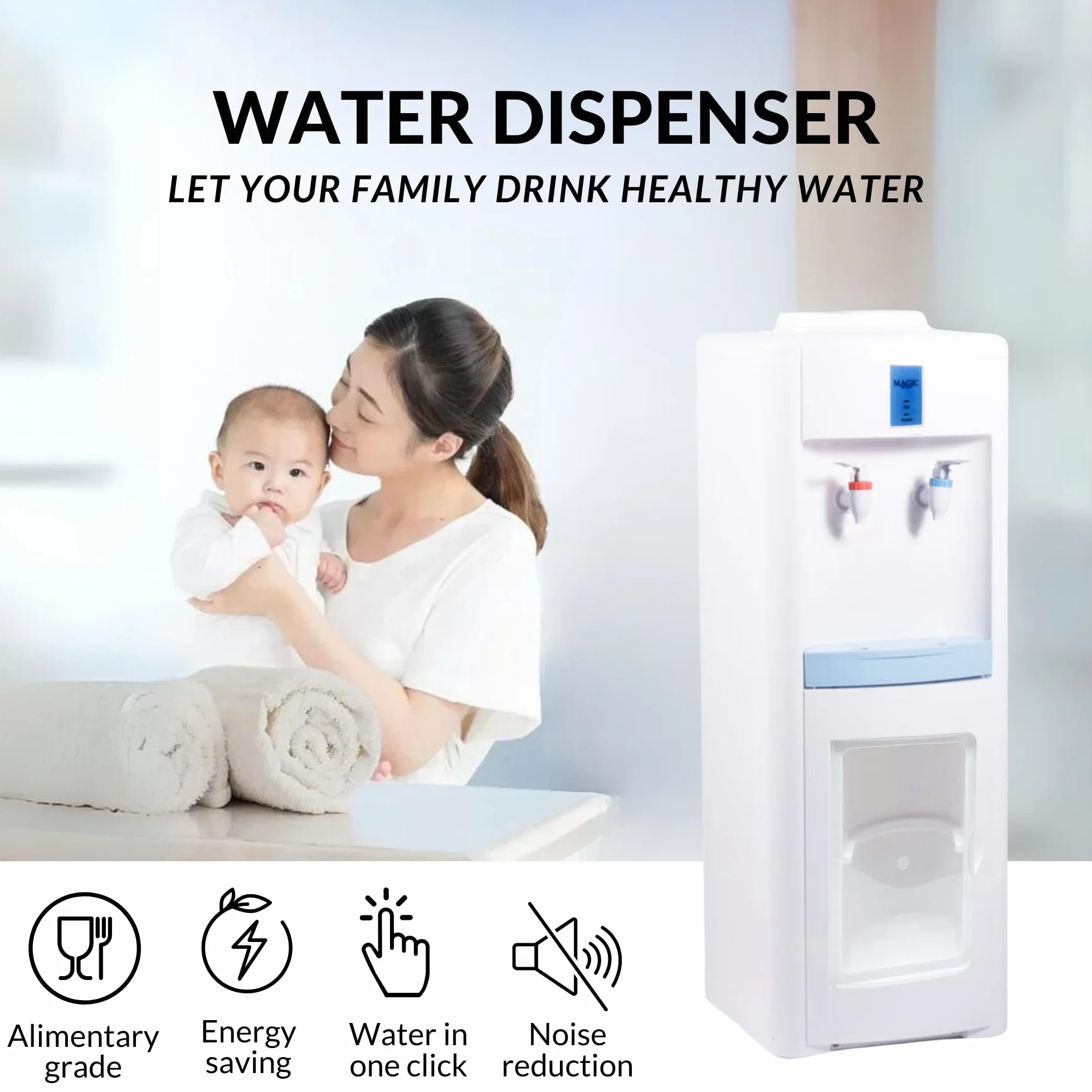 Dispenser Elettrico di Acqua Fredda e Calda. Dispenser d'Acqua Silenzioso da Pavimento per Casa, Cucina, Ufficio, Hotel. (Bottiglia d'Acqua Non Inclusa)