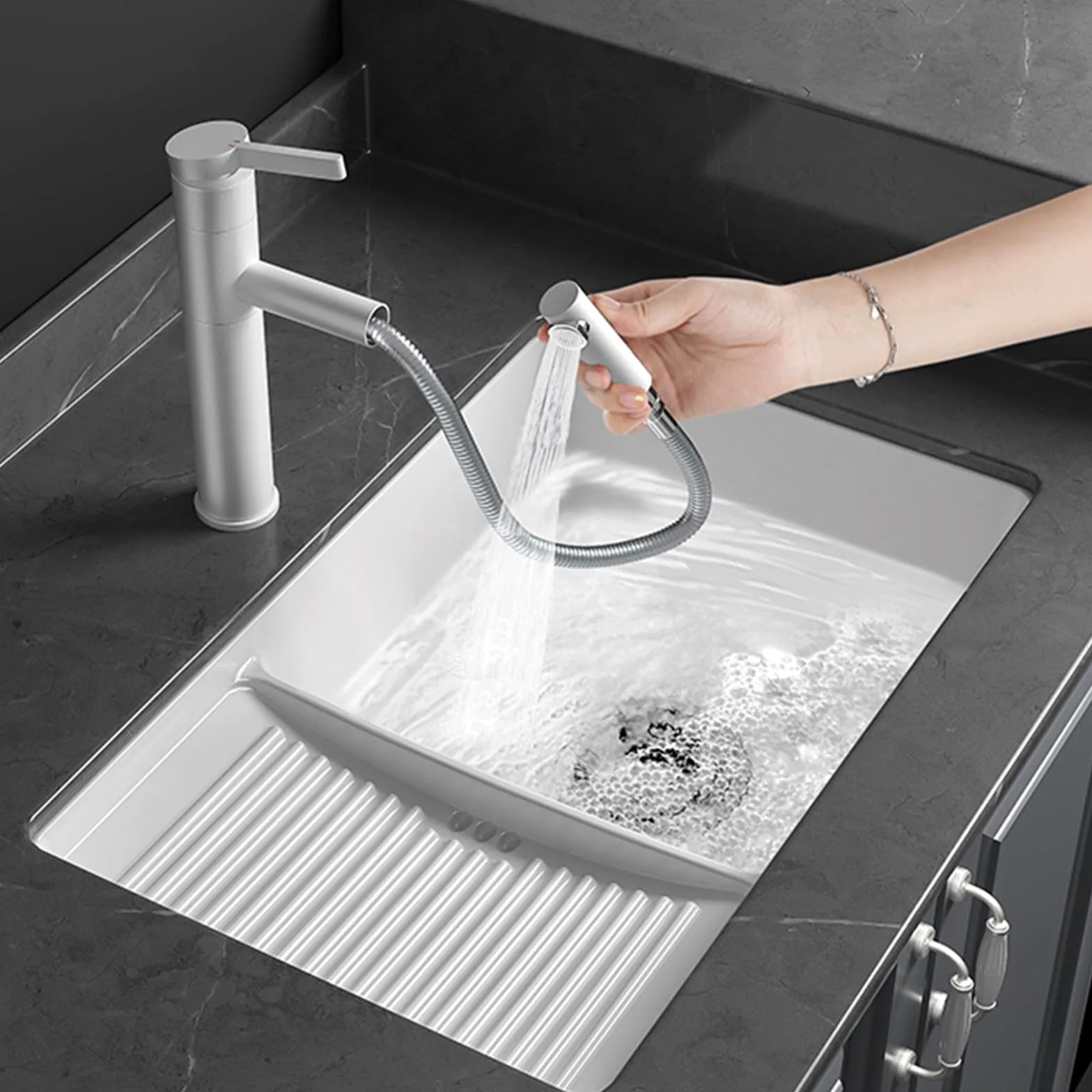 Lavabo in ceramica rettangolare per lavabo da bagno, bianco,Lavandino da bagno sottopiano,vasca lavanderia con asse per lavare,Con rubinetto, valvola ad angolo e scarico, adatto per bagno (Size : 53