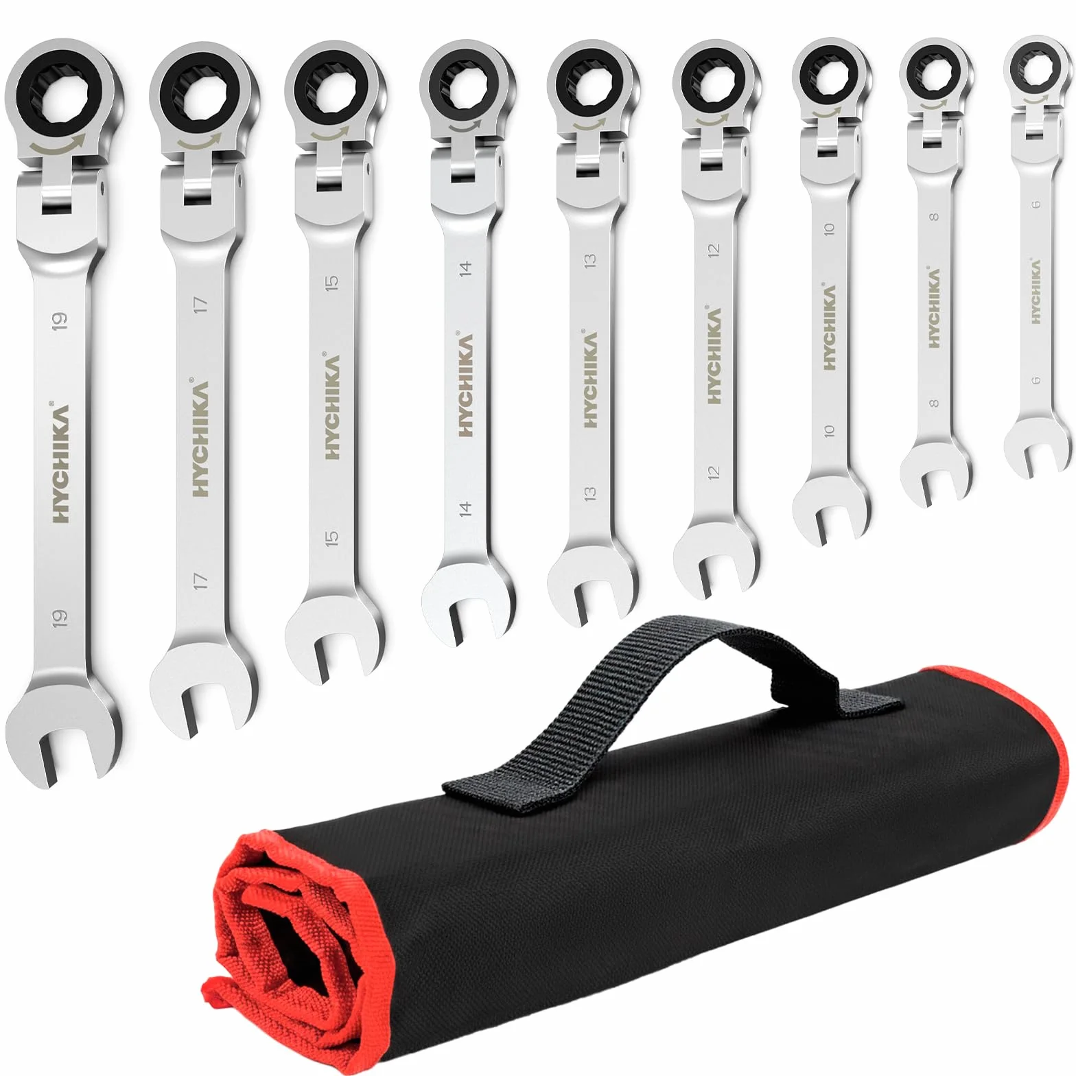 HYCHIKA Set Chiavi Inglesi 6-19mm, 9Pcs Chiavi a Cricchetto con Custodia Portatile, Set Chiavi a Cricchetto per Fai da Te e Riparazione