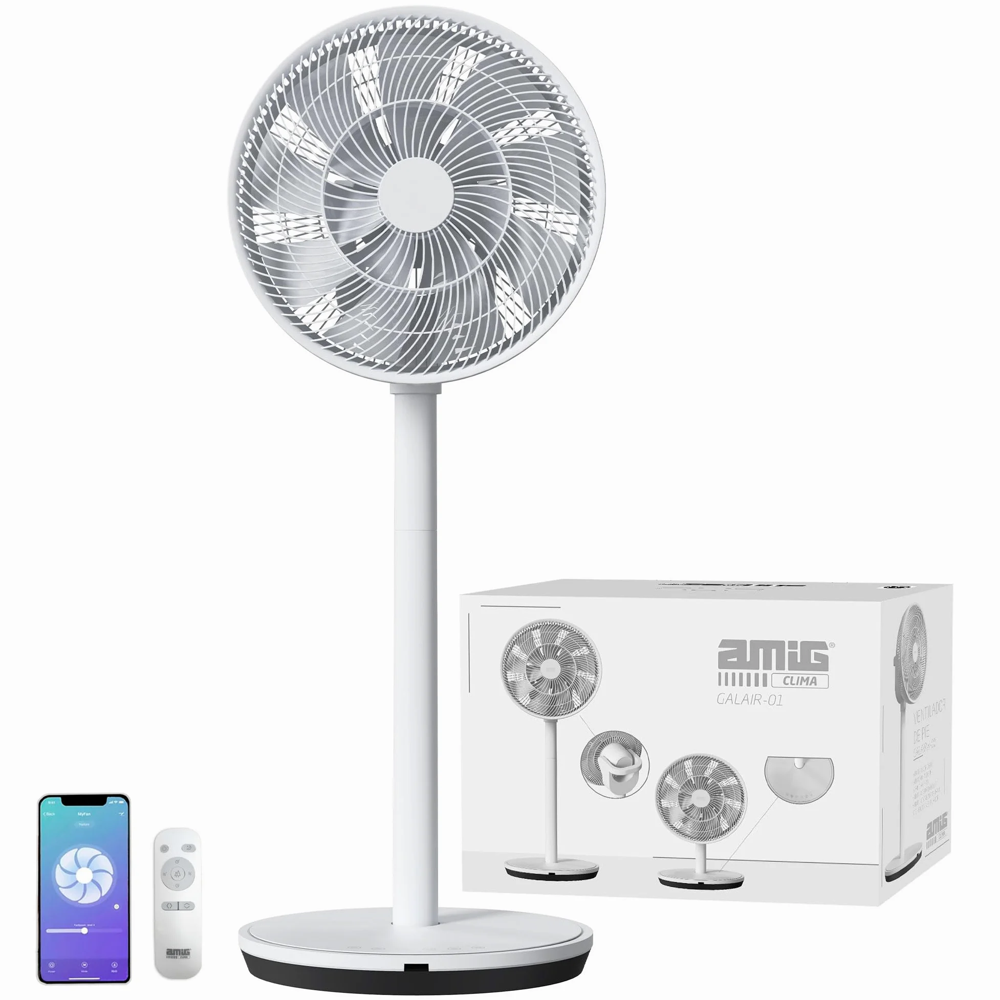 Amig - Ventilatore da Pavimento e da Tavolo GALAIR WIFI-01 - Silenzioso 13dB - 26 Velocità - Oscillazione Verticale e Orizzontale - Basso Consumo 27W - Telecomando e App - Luce LED