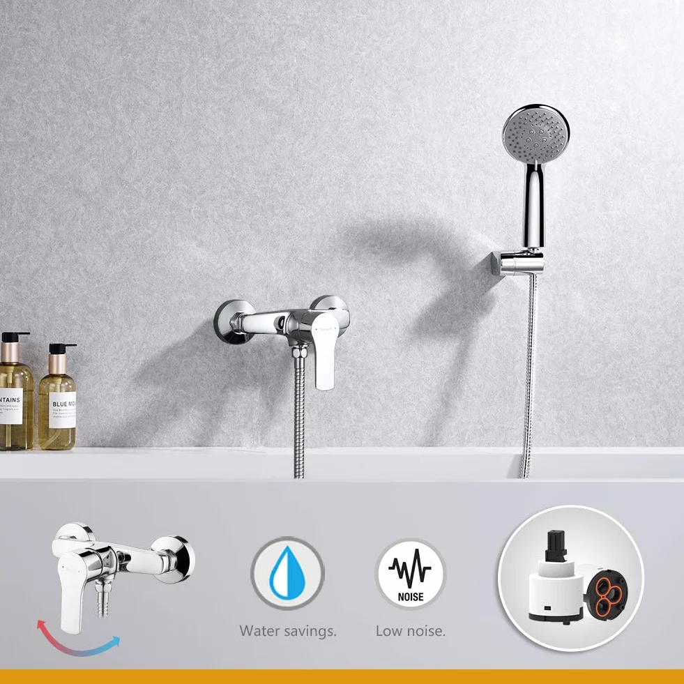Ibergrif M12057 Miscelatore doccia con soffione, sistema doccia a parete con supporto regolabile e flessibile 150 cm