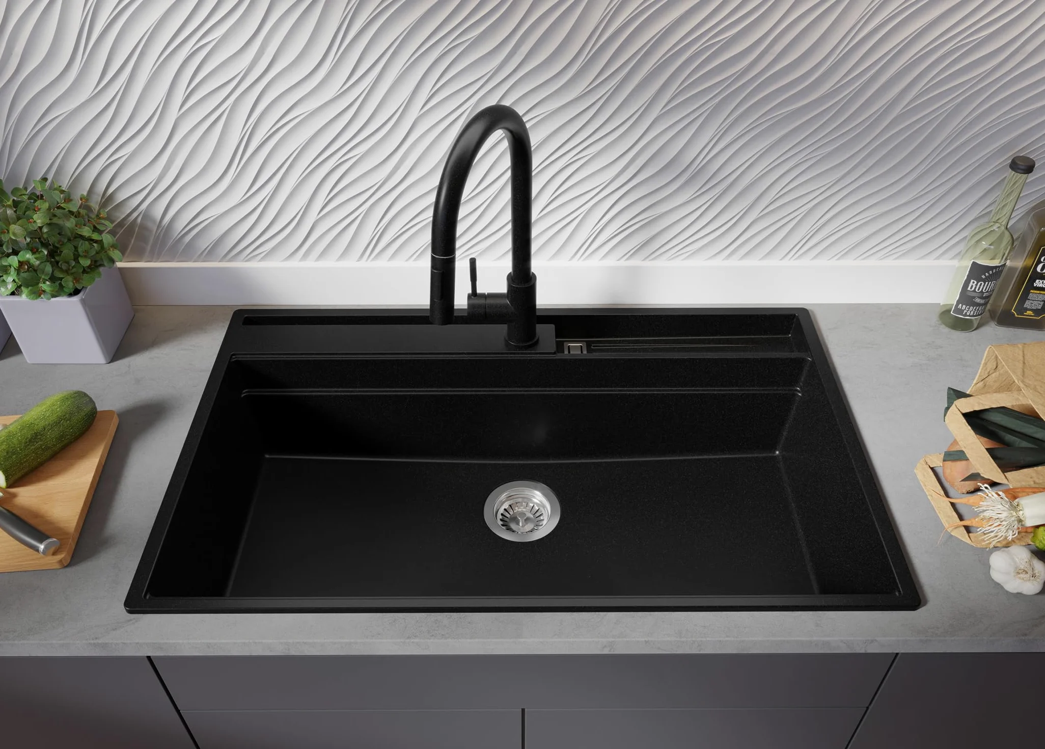 PRIMAGRAN Lavello da Cucina Nero 88x53cm, Lavandino in Granito a 1 vasca + Sifone Classico, Lavabo da Cucina Incasso al Mobile 90cm - Oslo 90 Pocket S455