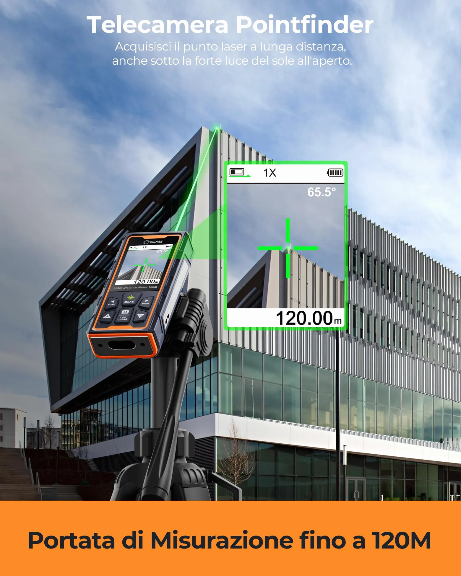 120M Metro laser, CIGMAN telecamera integrata, telemetro laser con fotocamera zoom 4x, schermo LCD, dispositivo di misurazione laser IP65, 16 modalità di misurazione per esterni, (CD-120G)