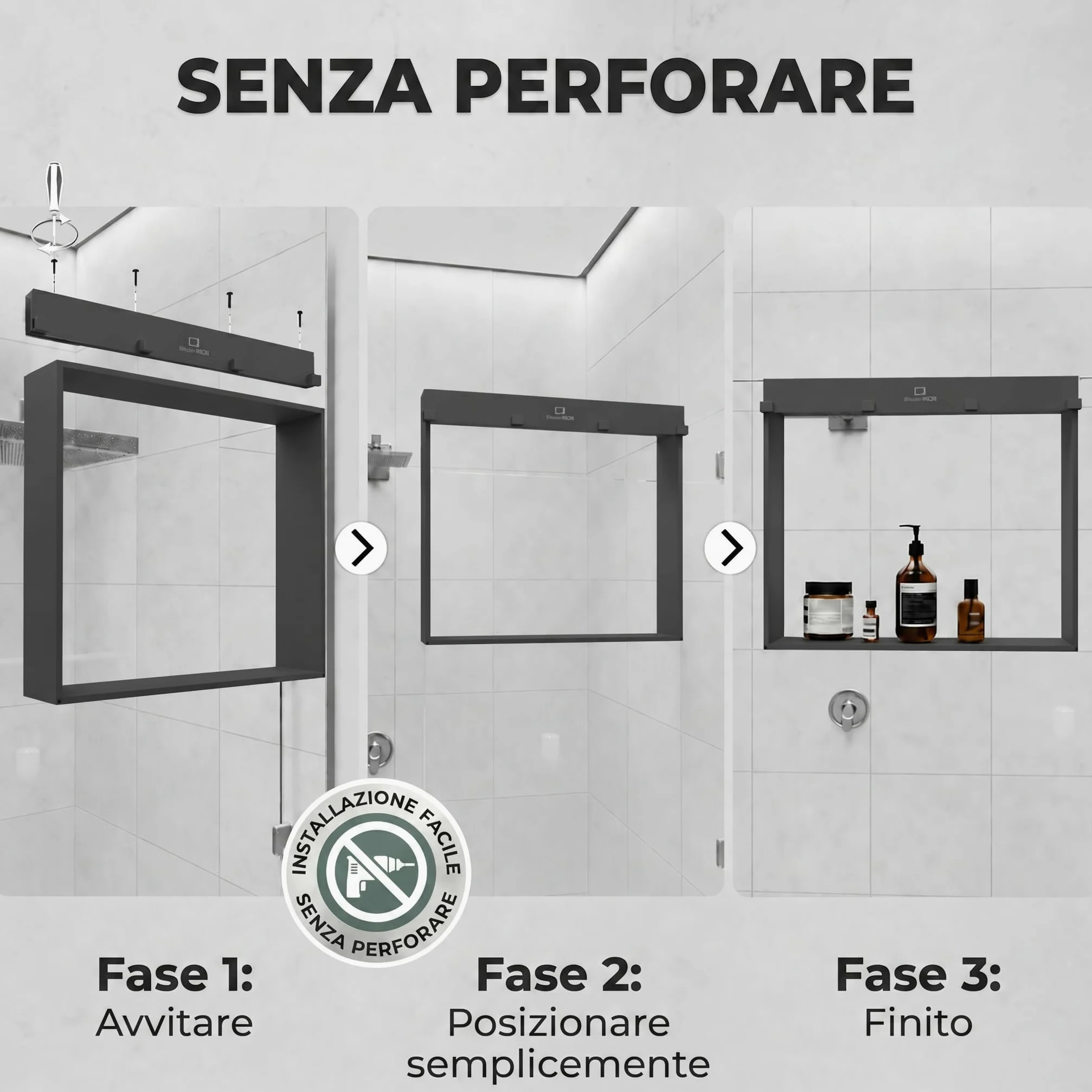 ShowerNIZR Mensola doccia Grey - Mensola doccia senza foratura da appendere alla parete in vetro in acciaio inox con 4 ganci porta shampoo per organizer doccia moderno e ordine nel box doccia