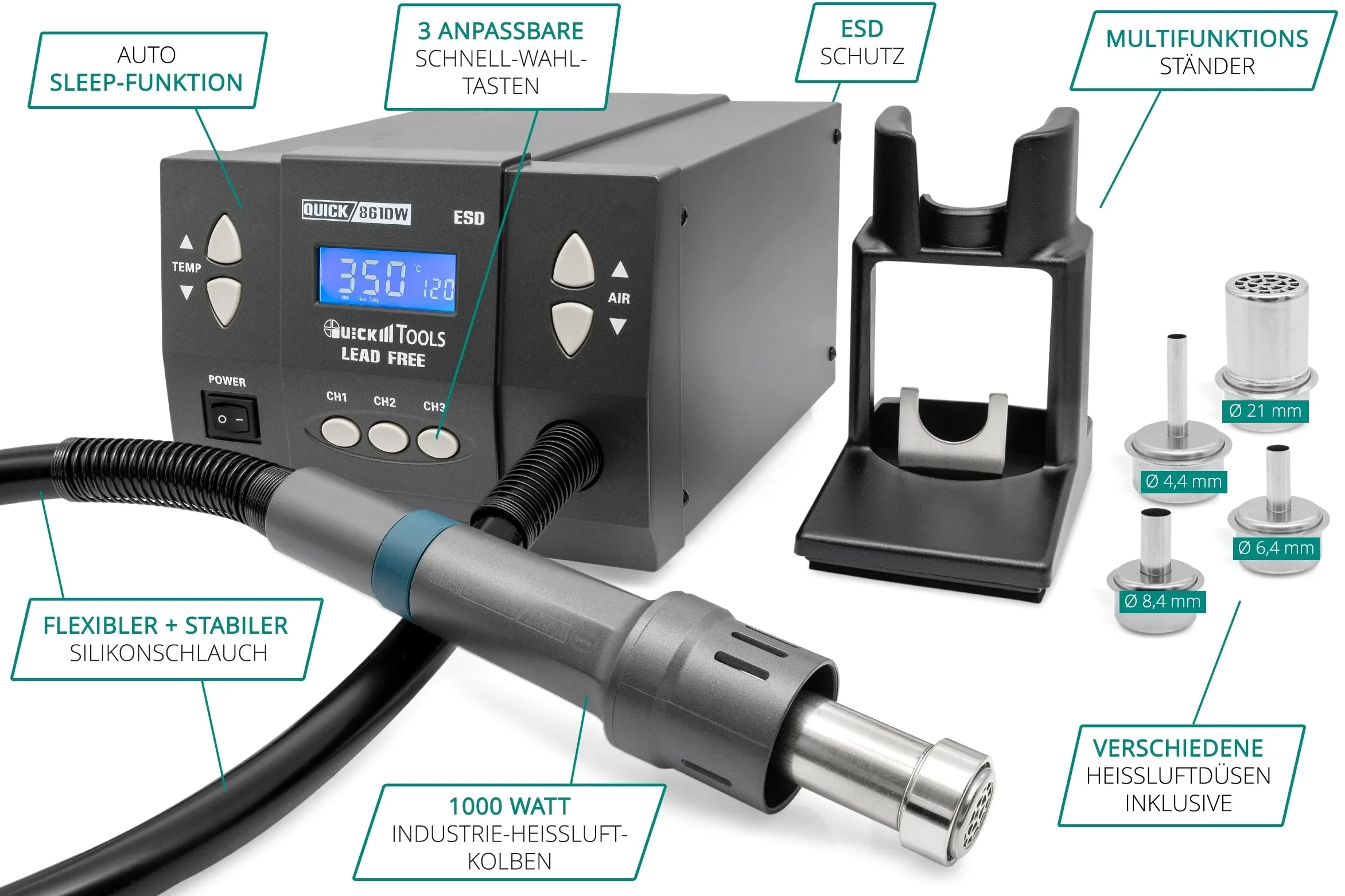 QUICK QU861DW - Stazione saldante professionale ad aria calda, regolabile, 1000 Watt, intervallo di temperatura 100-500 °C, SMD, funzione di calibrazione, standby, sistema di raffreddamento automatico