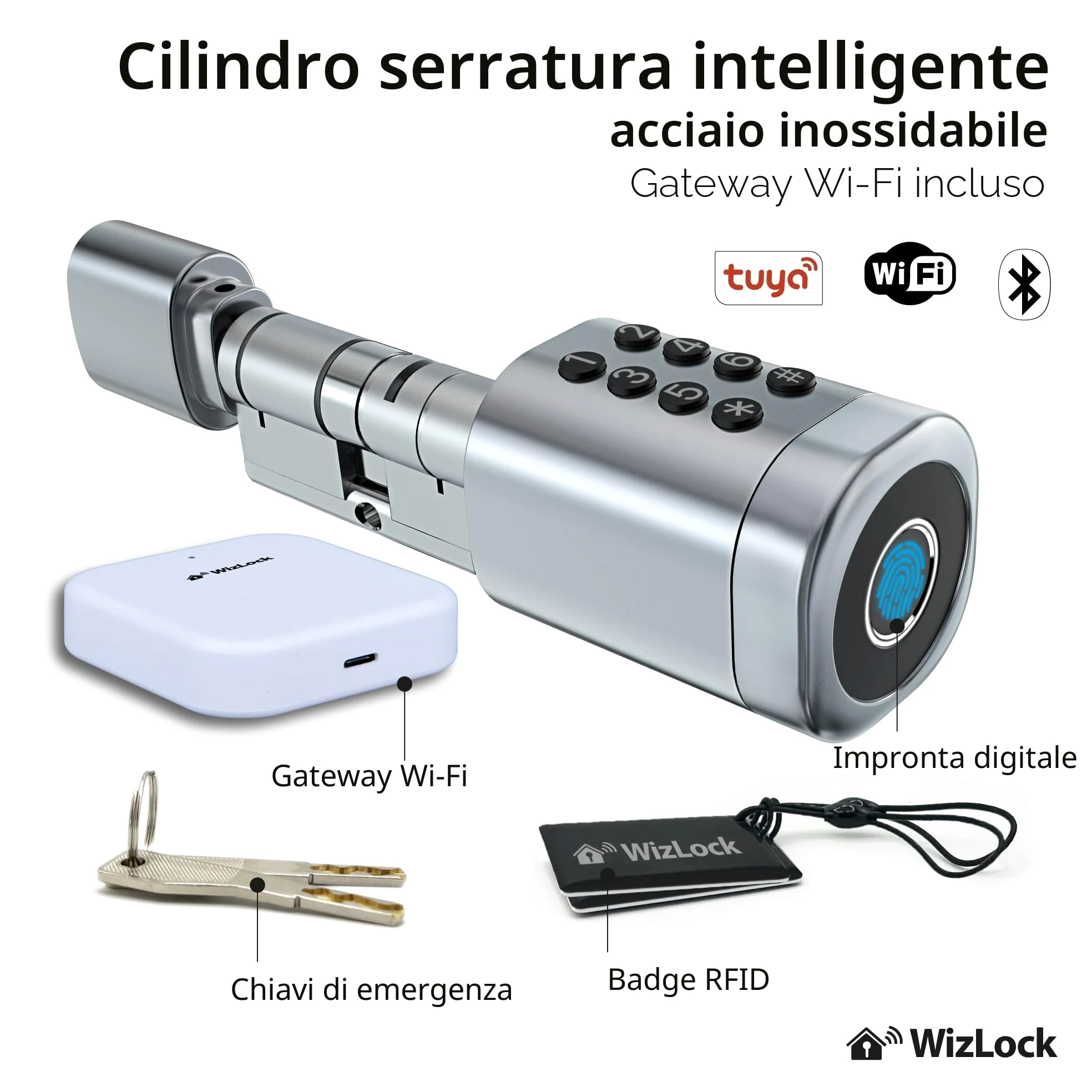 WizElek – Cilindro serratura smart Tuya Bluetooth, gateway Bluetooth/Wi-Fi incluso, lega di alluminio effetto inox argento – Accesso: codice, badge RFID (4), impronta, app, chiave (2)